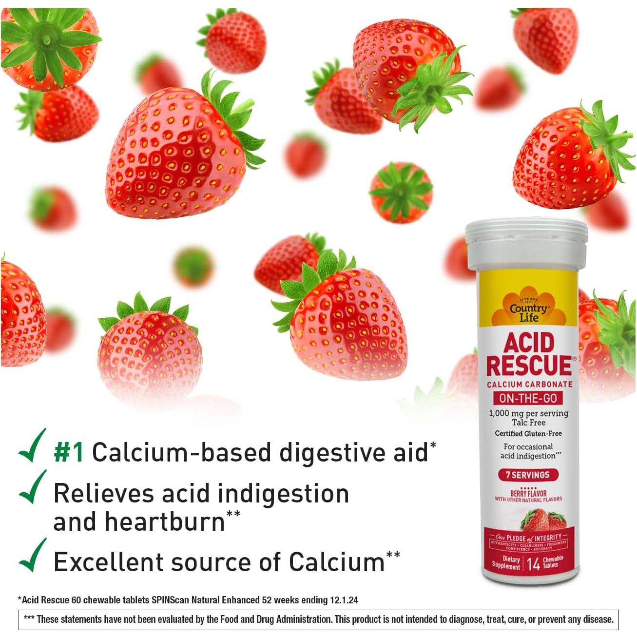 Tabletas Masticables Country Life Acid Rescue 400mg - Alivio Acidez Estomacal y Soporte Óseo