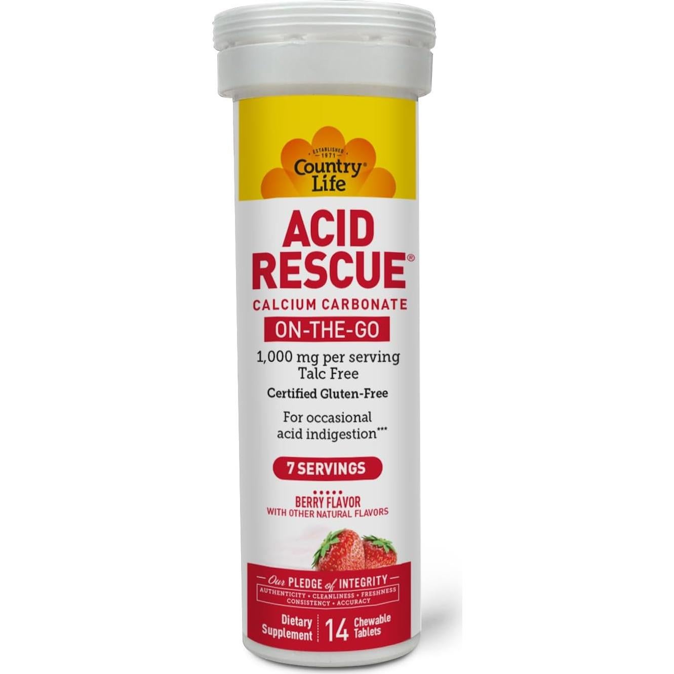 Tabletas Masticables Country Life Acid Rescue 400mg - Alivio Acidez Estomacal y Soporte Óseo