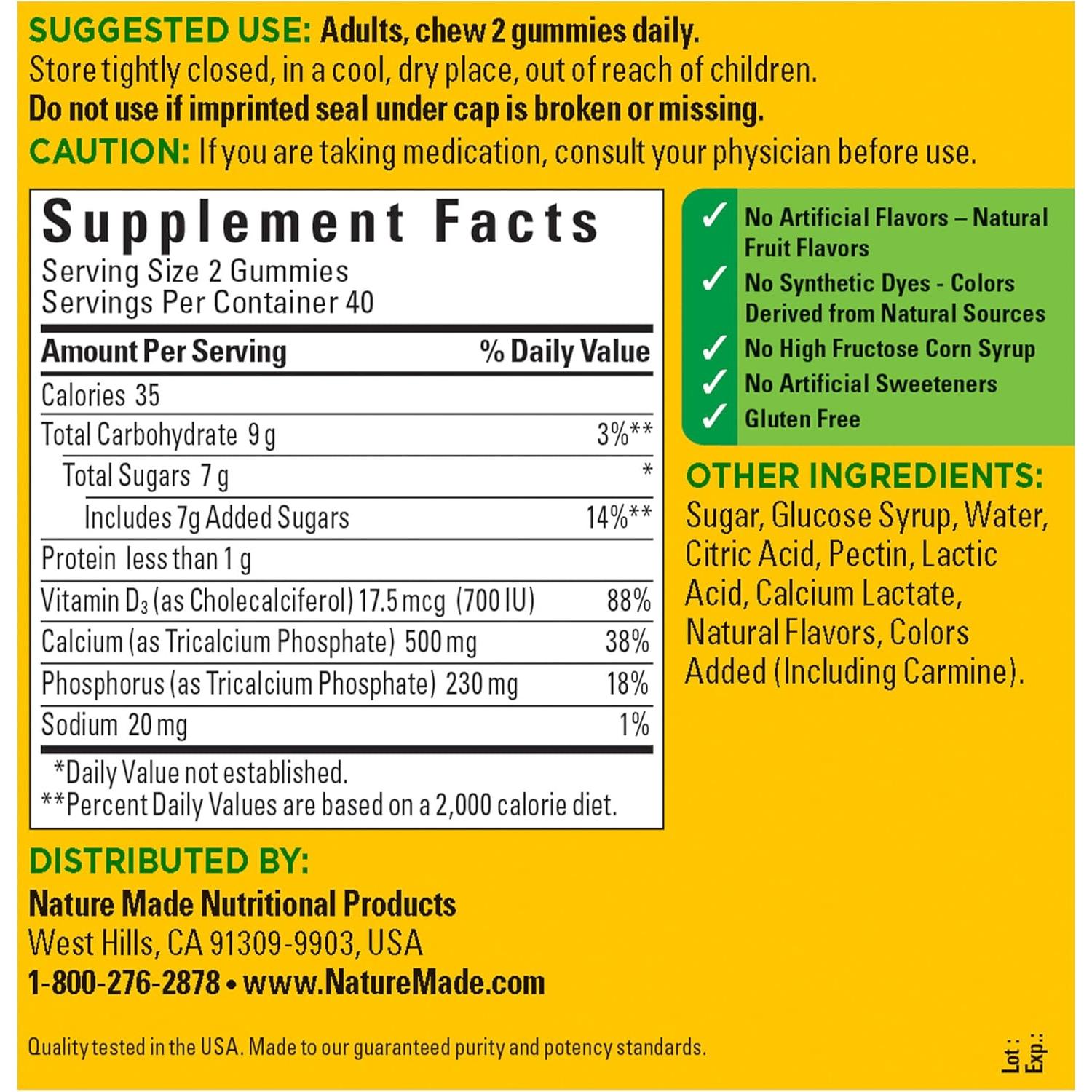 Gominolas de Calcio 500 mg Nature Made con Vitamina D3 - 80 Unidades