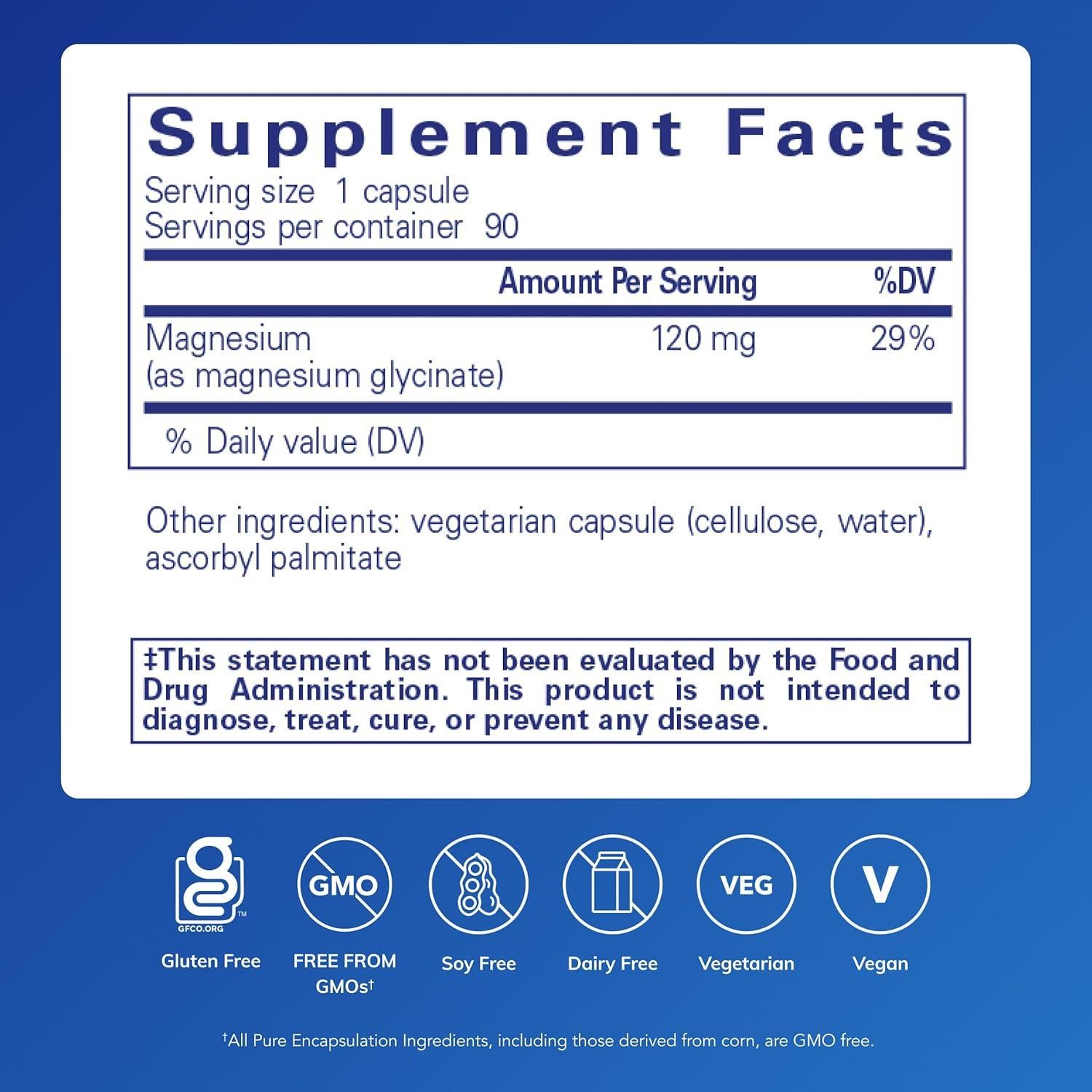 Suplemento de Magnesio Glicinato Pure Encapsulations 90 Cápsulas