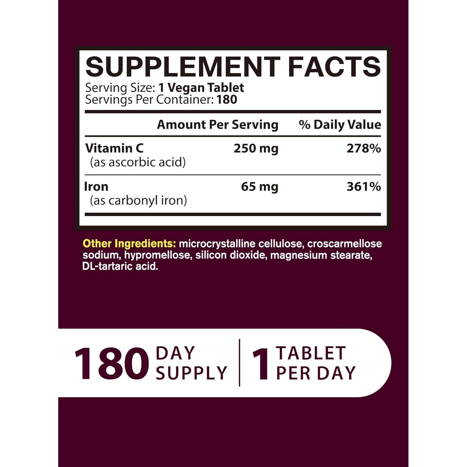 Suplemento de Hierro Vitacook 65mg con Vitamina C 250mg 180 Tabletas