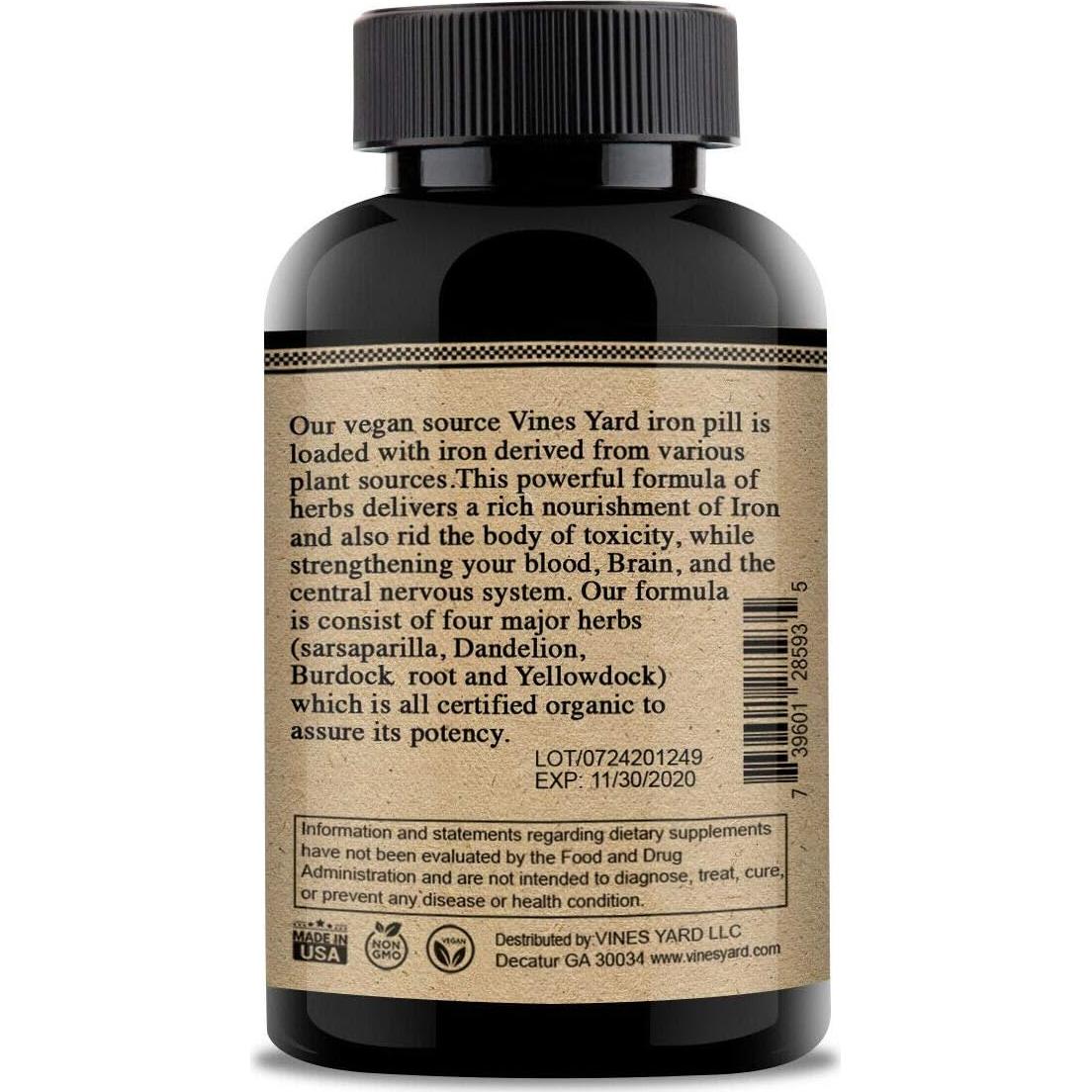 Suplemento de Hierro Herbal Vines Yard 1200mg 100 Cápsulas