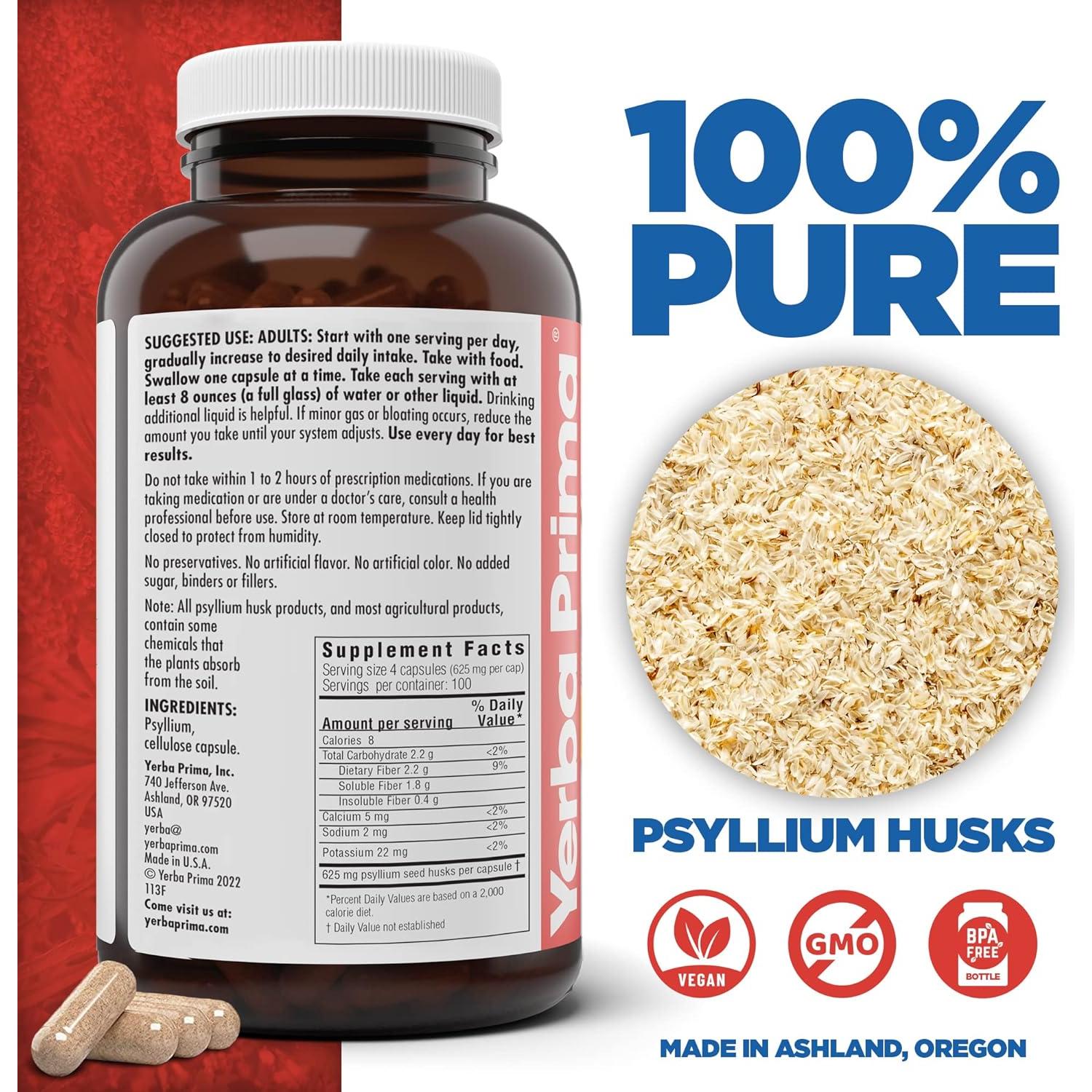 Cápsulas de Psyllium Yerba Prima 400 Unidades 625mg Veganas