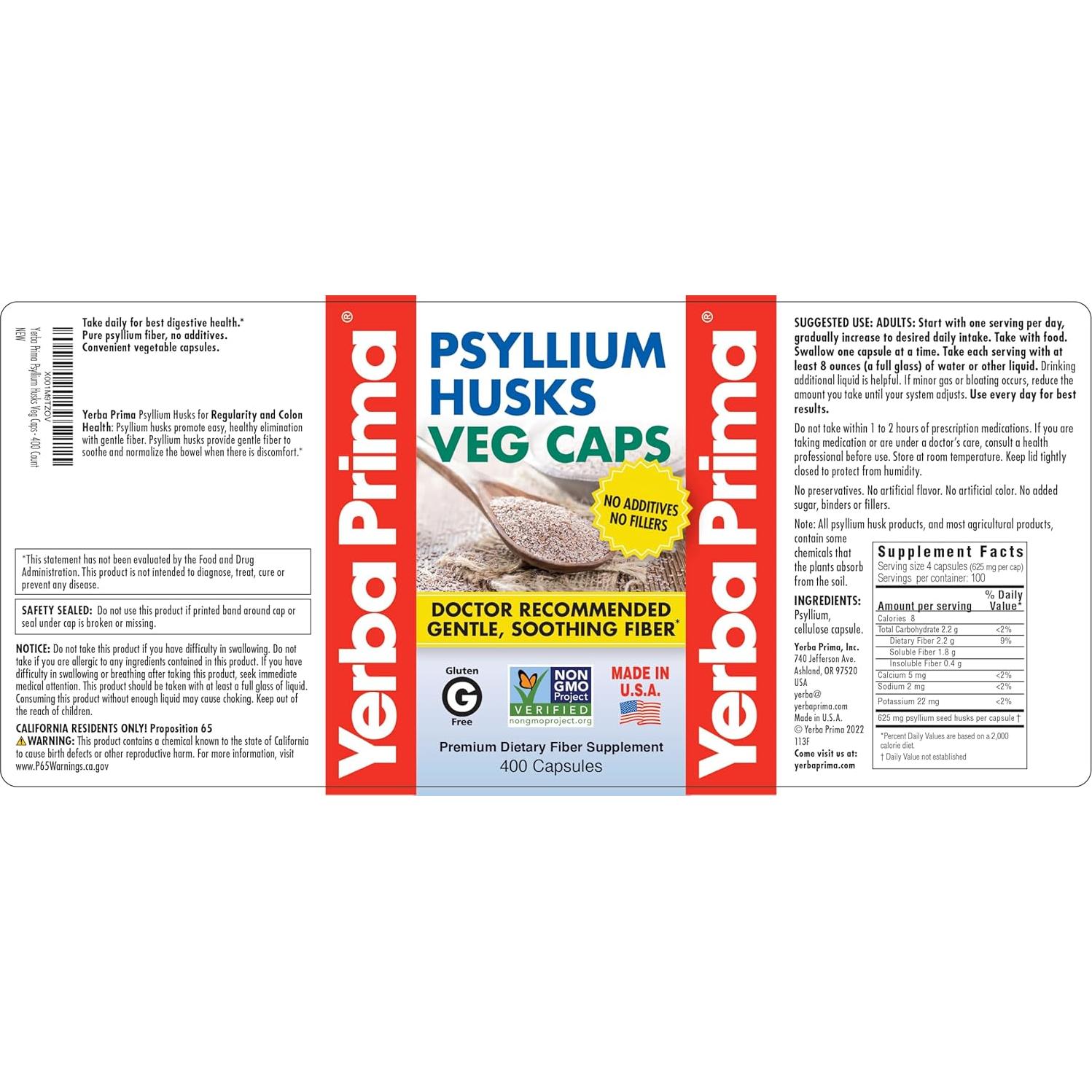 Cápsulas de Psyllium Yerba Prima 400 Unidades 625mg Veganas