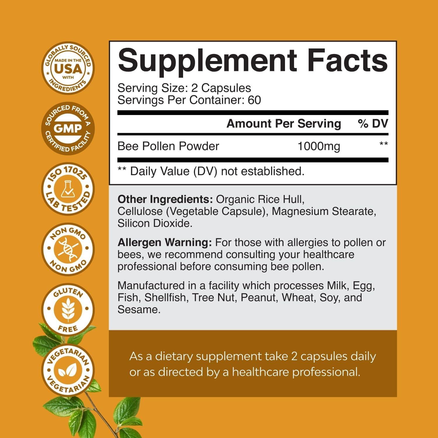 Suplemento de Polen de Abeja Natures Craft 120 Cápsulas 1000mg