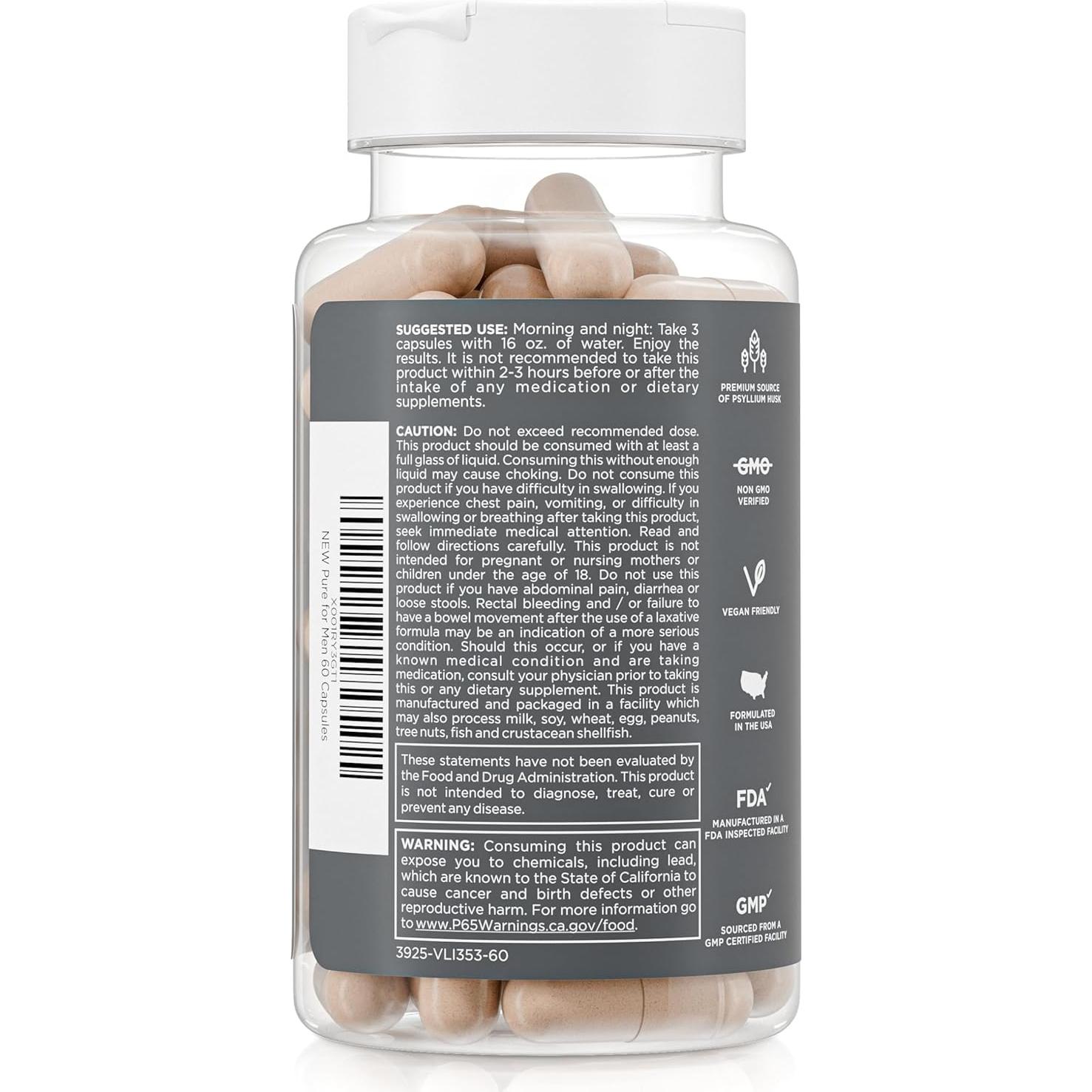 Suplemento de Fibra Vegano Pure for Men 60 Cápsulas