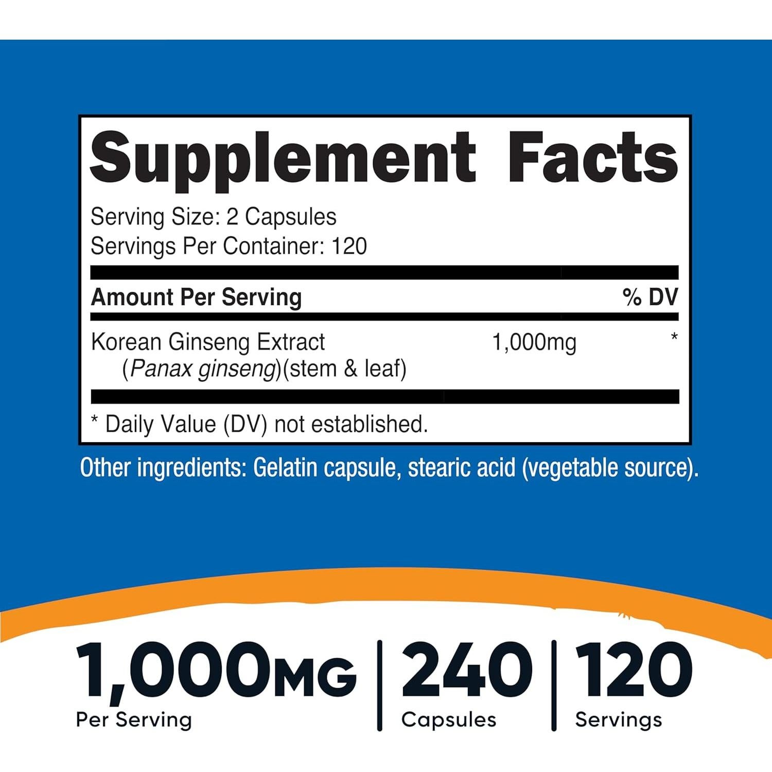 Nutricost Ginseng Coreano 1000mg 240 Cápsulas Sin Gluten