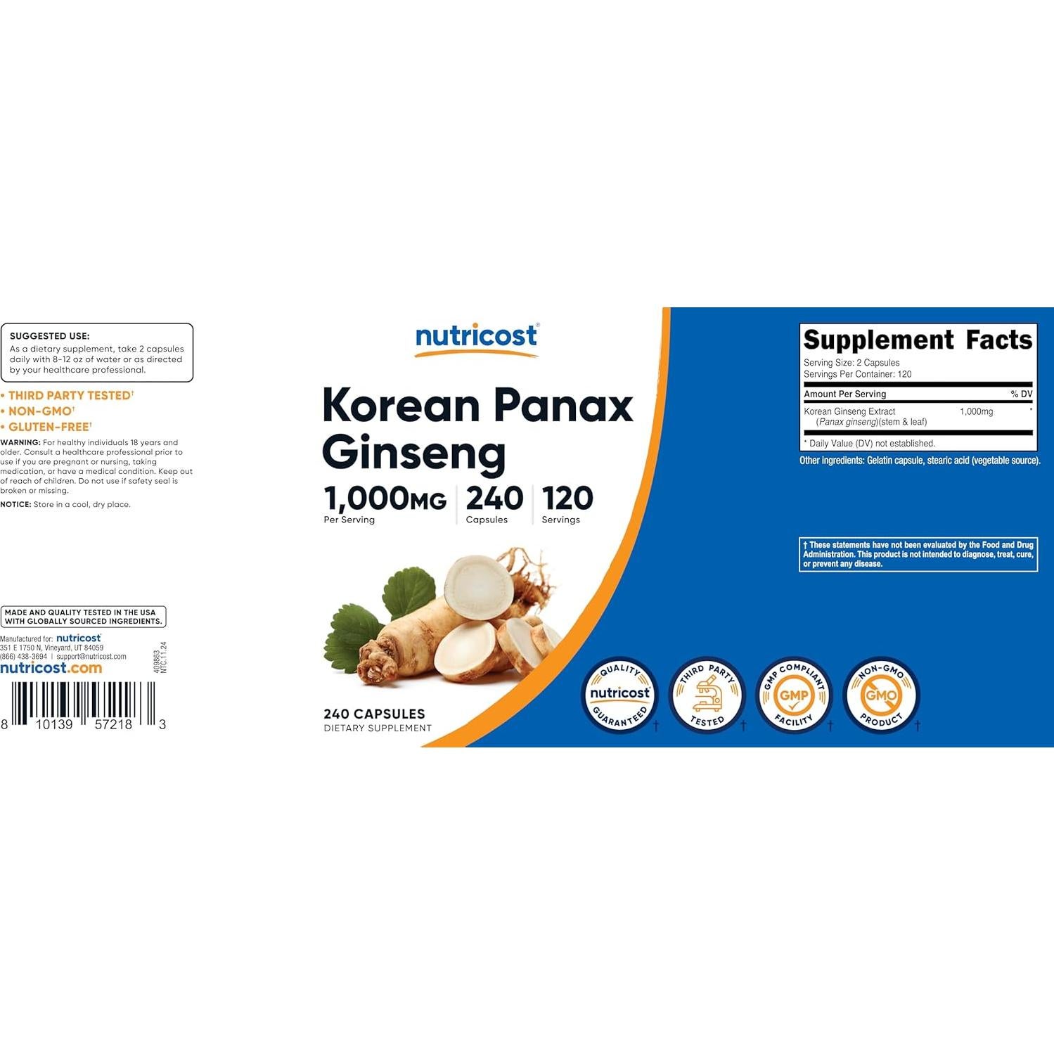 Nutricost Ginseng Coreano 1000mg 240 Cápsulas Sin Gluten