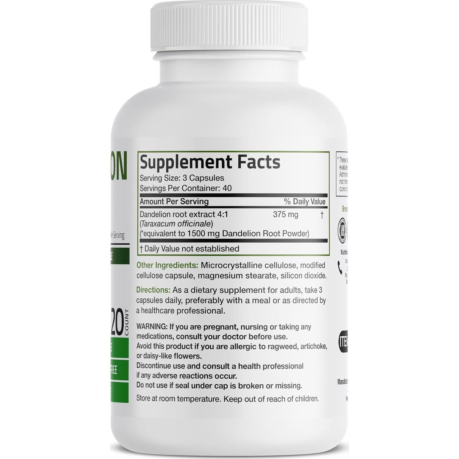 Suplemento de Raíz de Diente de León Bronson 1500mg 120 Cápsulas