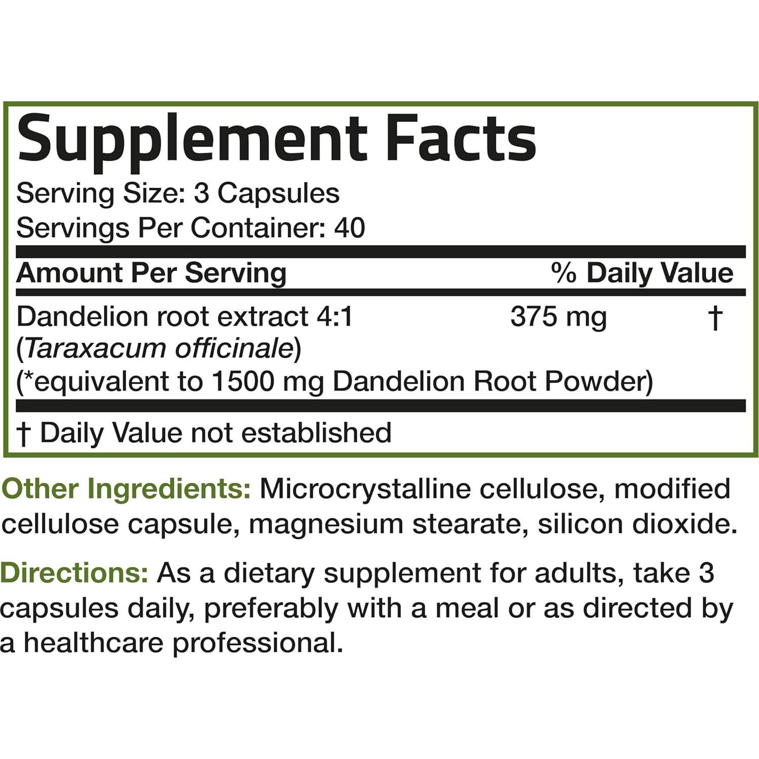Suplemento de Raíz de Diente de León Bronson 1500mg 120 Cápsulas