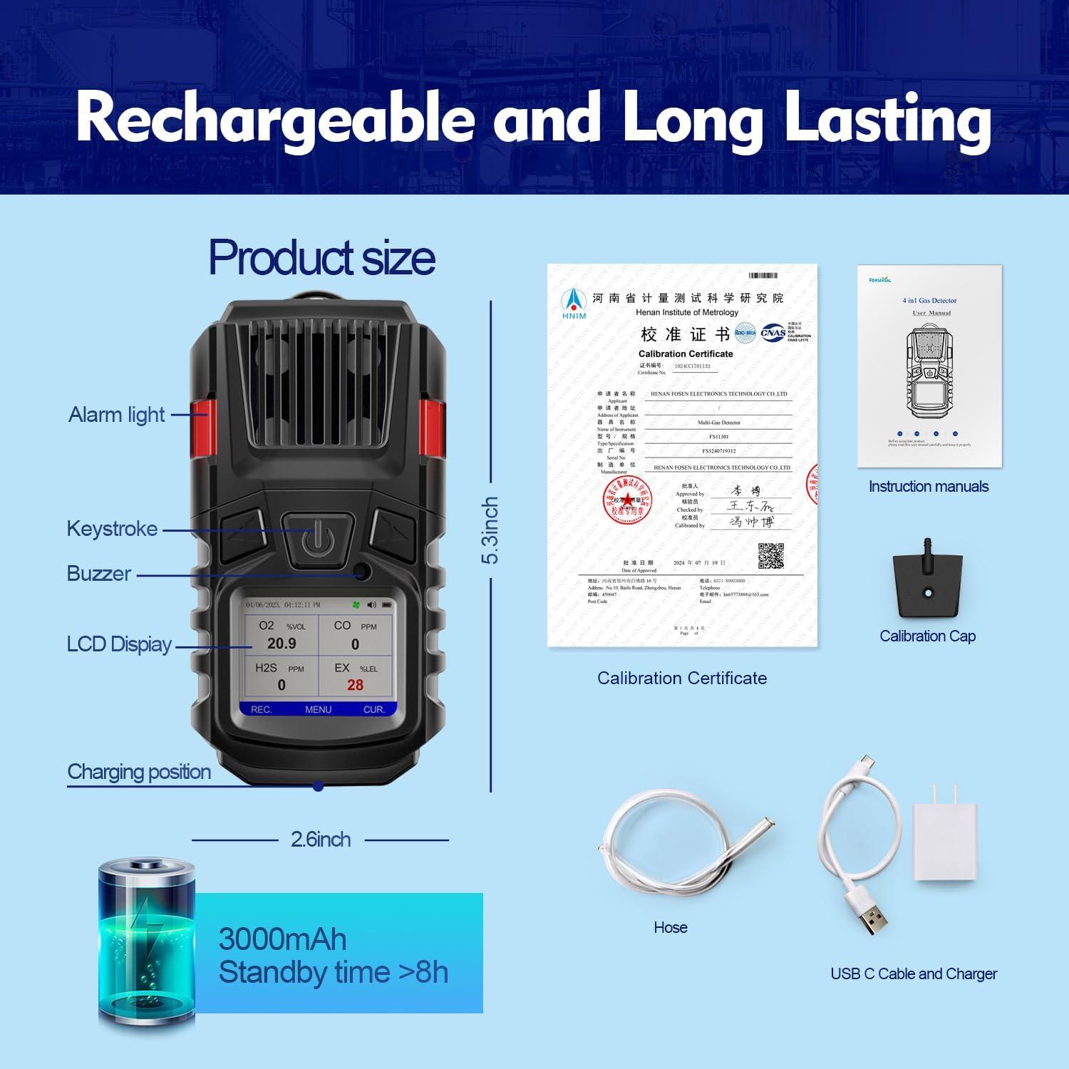 Detector de Gas Multi Gas Forsensal FS11301 4 Gases Portátil