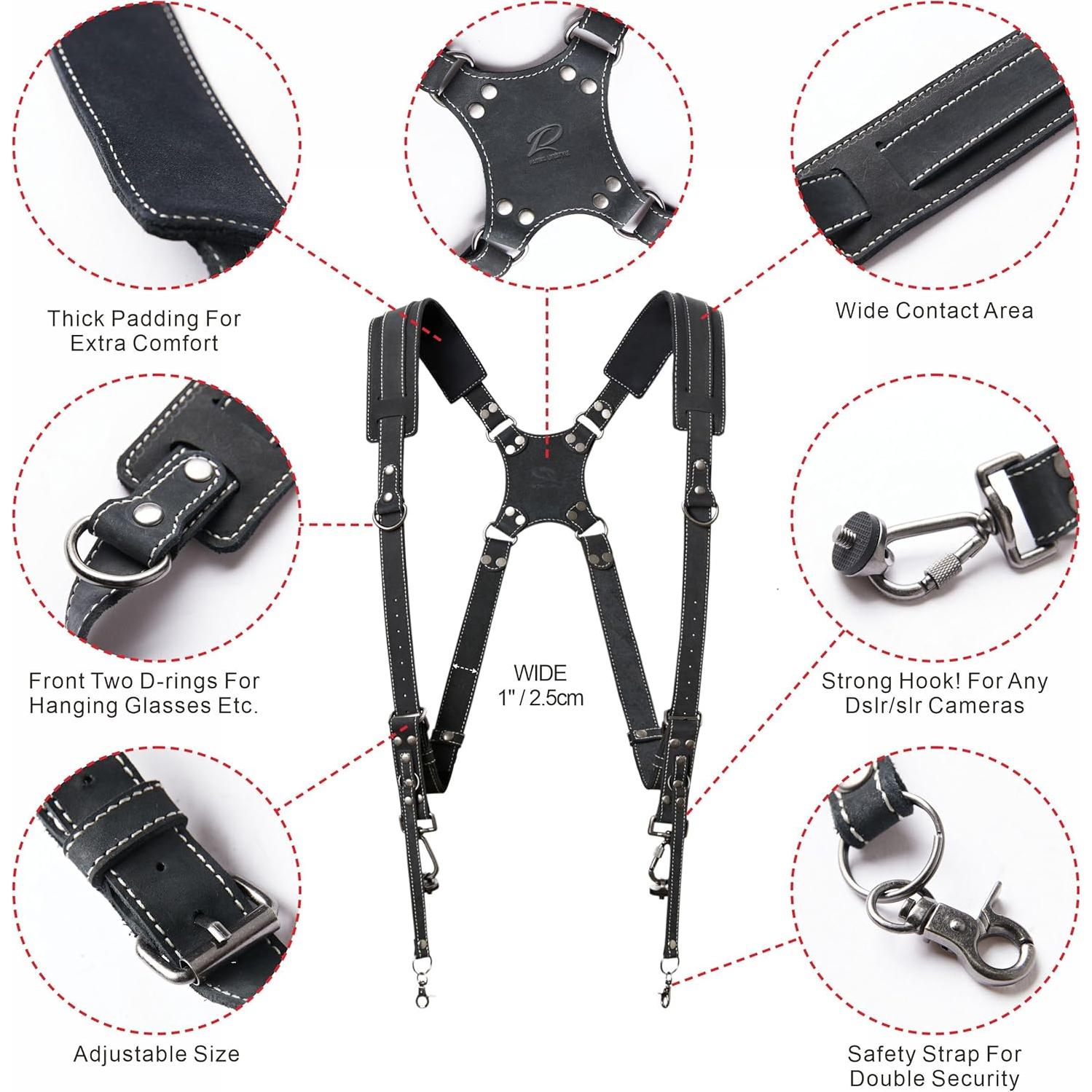 Arnés de cámara dual Padwa Lifestyle negro mate 100% cuero