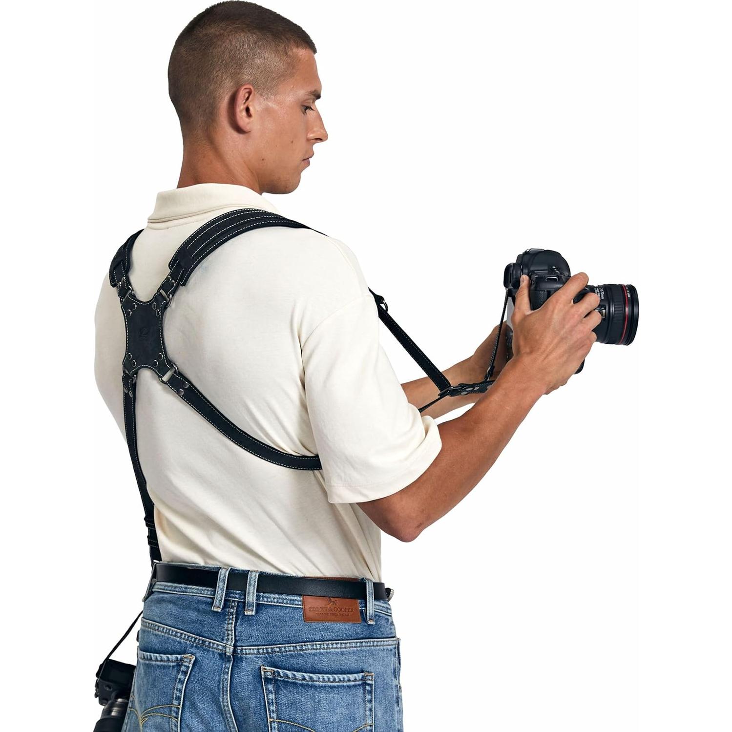 Arnés de cámara dual Padwa Lifestyle negro mate 100% cuero