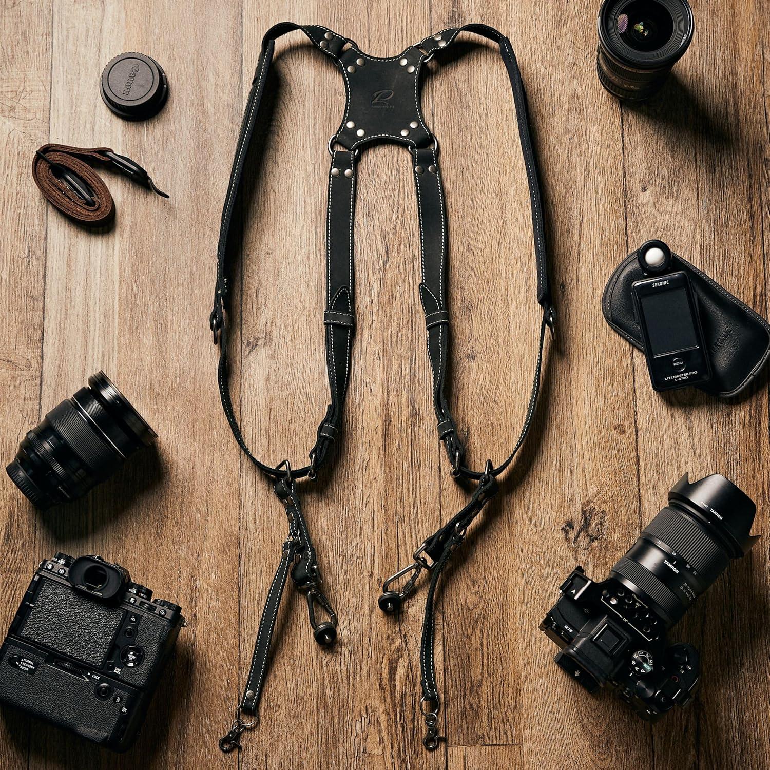 Arnés de cámara dual Padwa Lifestyle negro mate 100% cuero