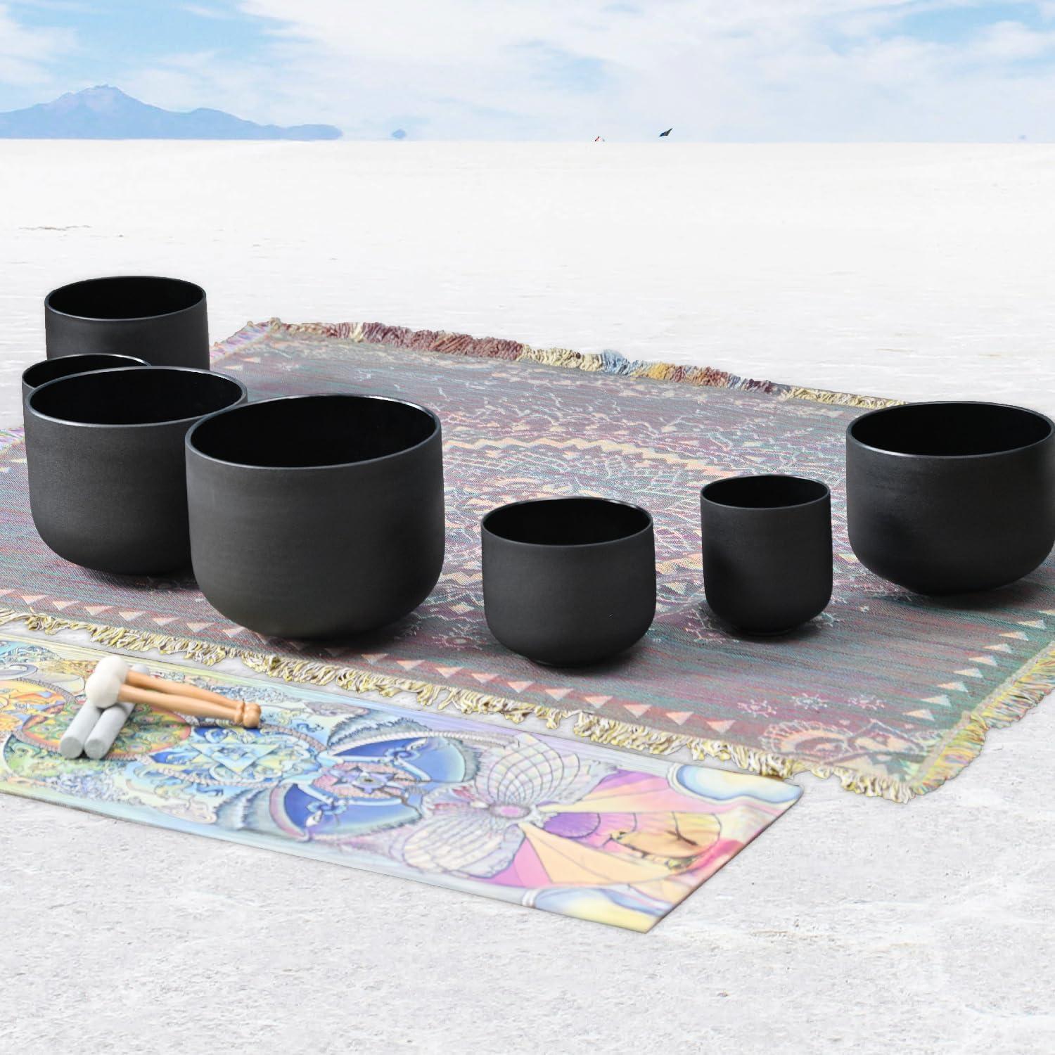 Juego de 7 Cuencos de Cuarzo Negro 432Hz 15-30 cm con Fundas