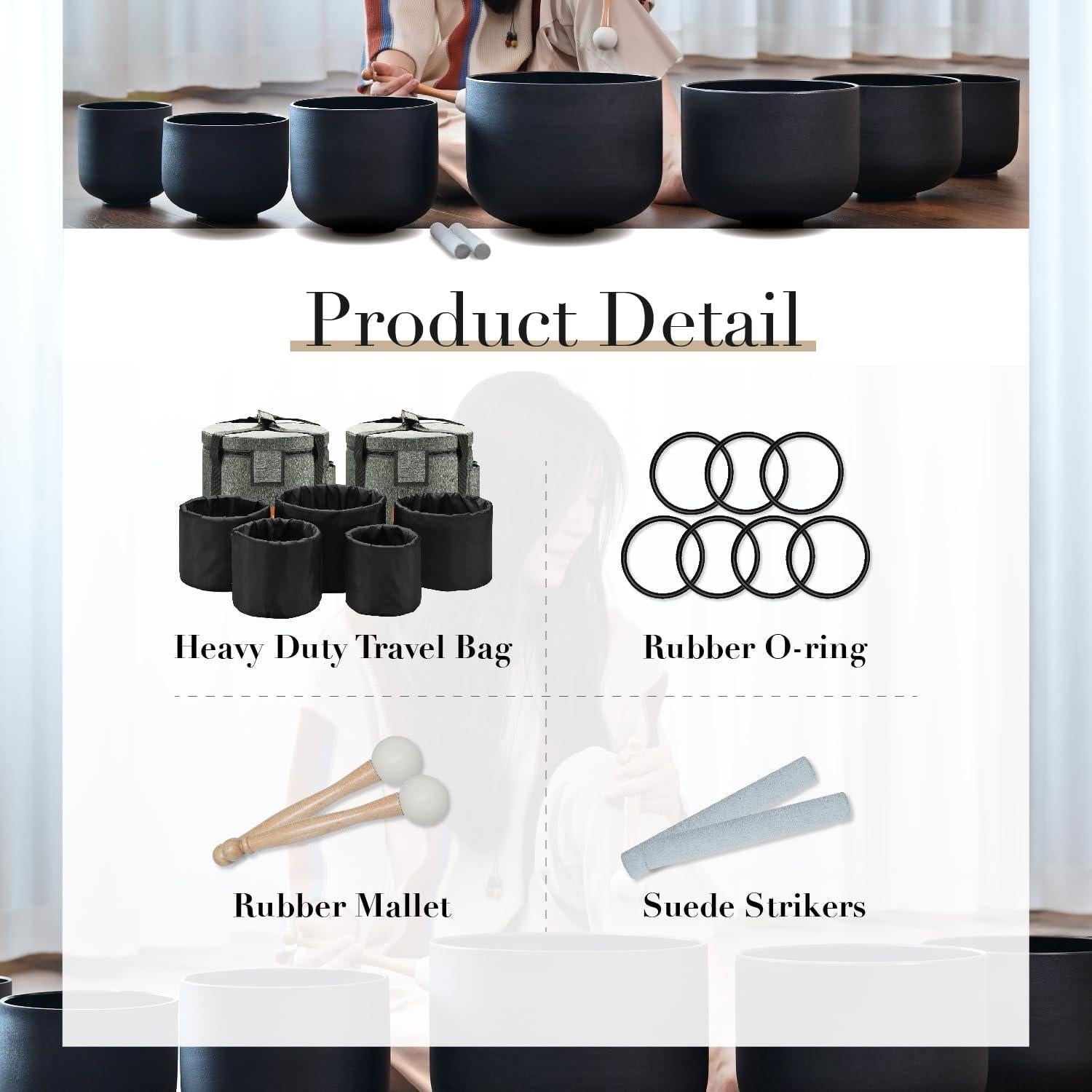 Juego de 7 Cuencos de Cuarzo Negro 432Hz 15-30 cm con Fundas