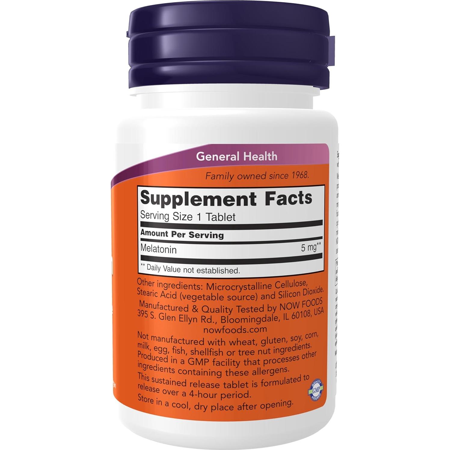 Melatonina 5 mg NOW Foods, Liberación Sostenida 120 Tabletas