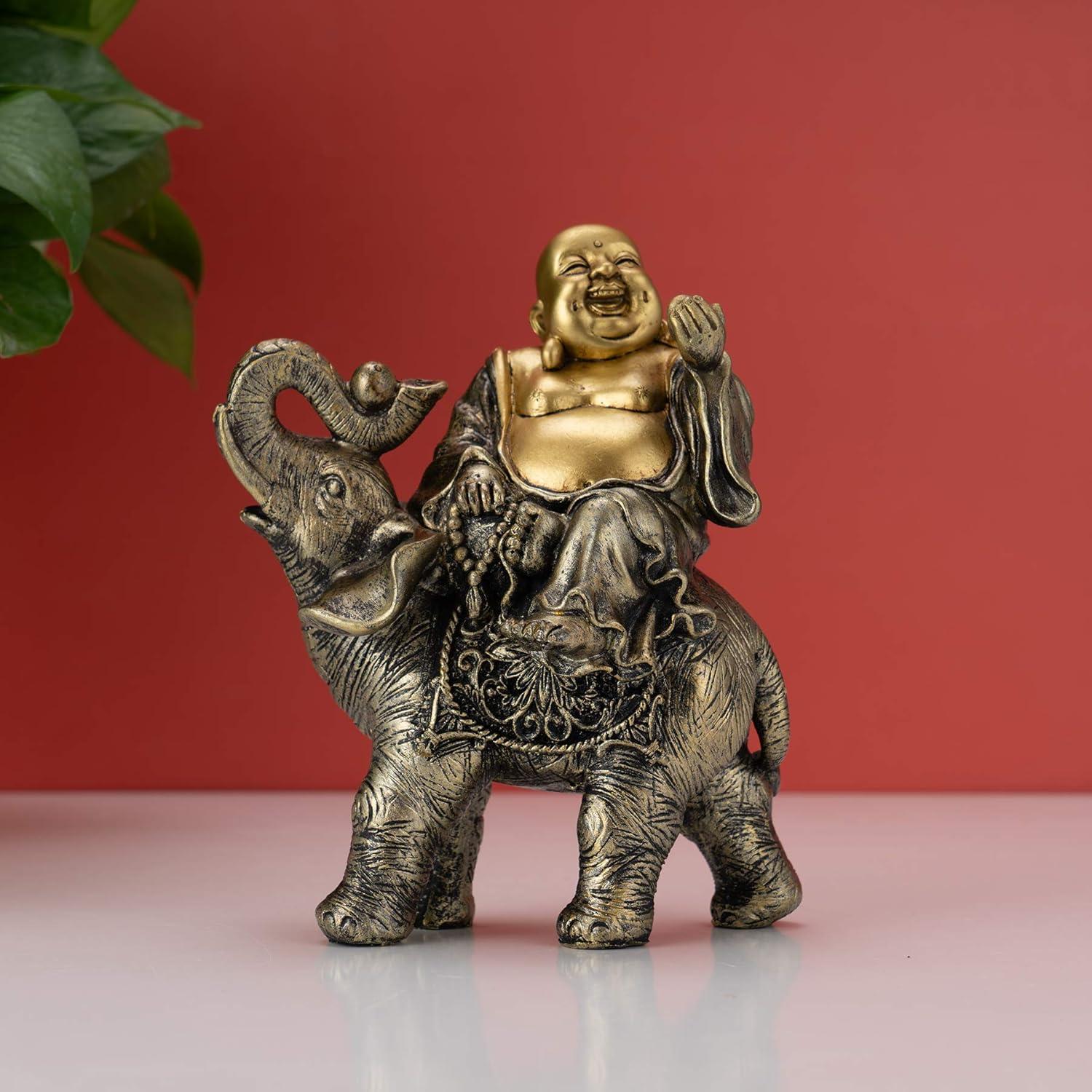 Estatua Buda Risueño sobre Elefante YINASI 11x6.5x17cm