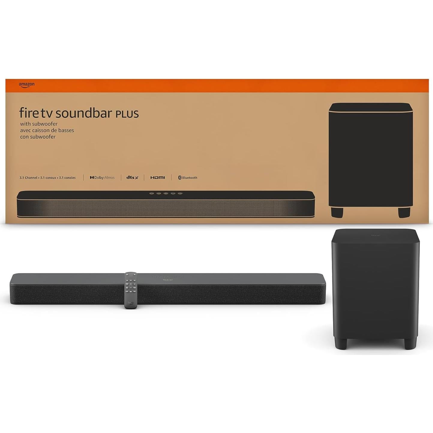 Amazon Fire TV Soundbar Plus with subwoofer (newest model), 3.1 channel, Dolby Atmos, DTS:X, clear dialogue
