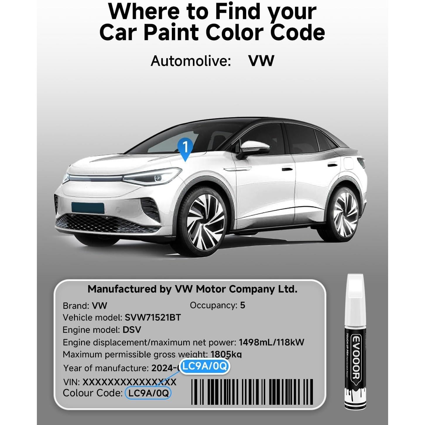 Pintura de Retoque Blanca Pura EVOOOR 11.8 ml para Volkswagen