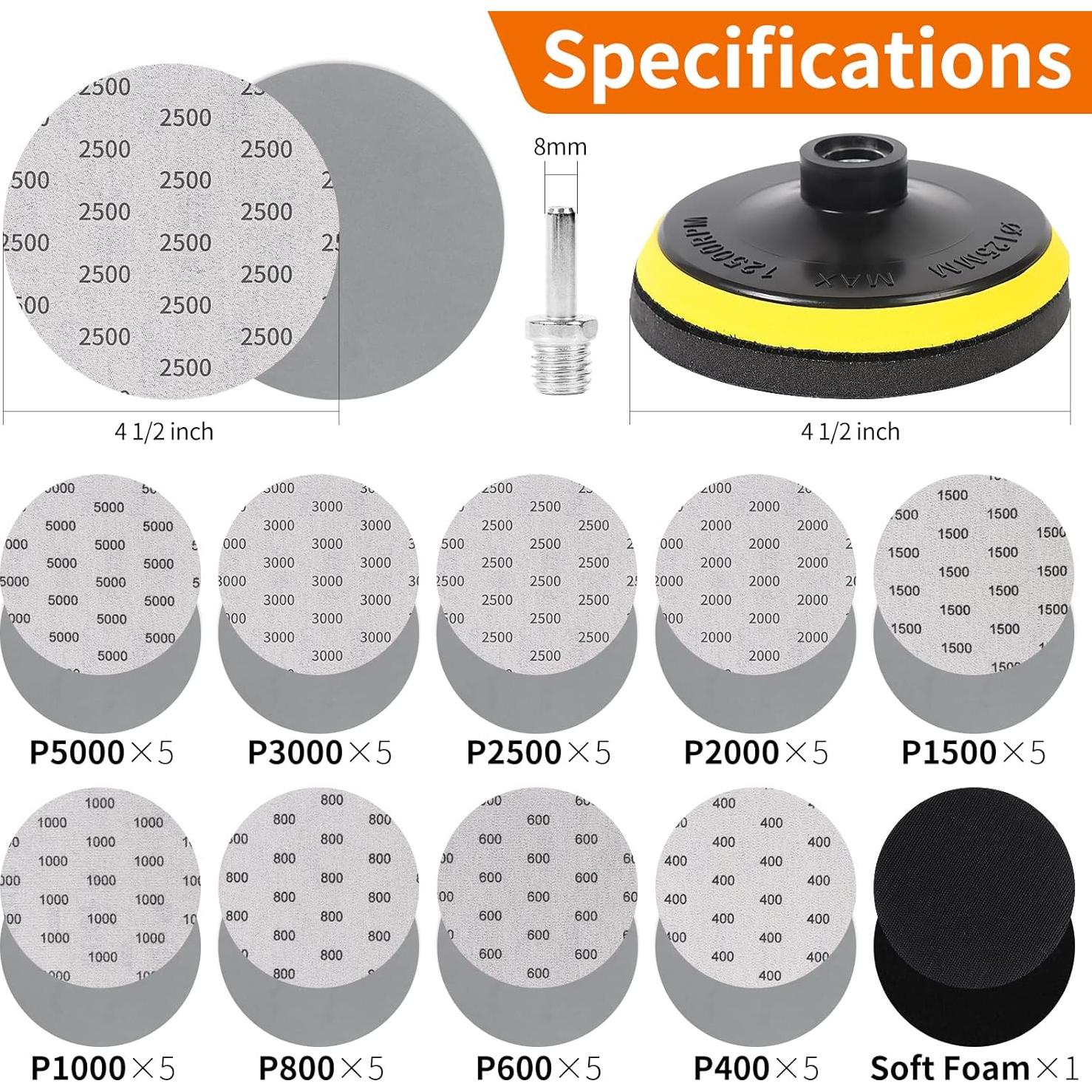 Kit de Lijado Húmedo Seco 45PCS Pomsare 5 Pulgadas 400-10000 Granos