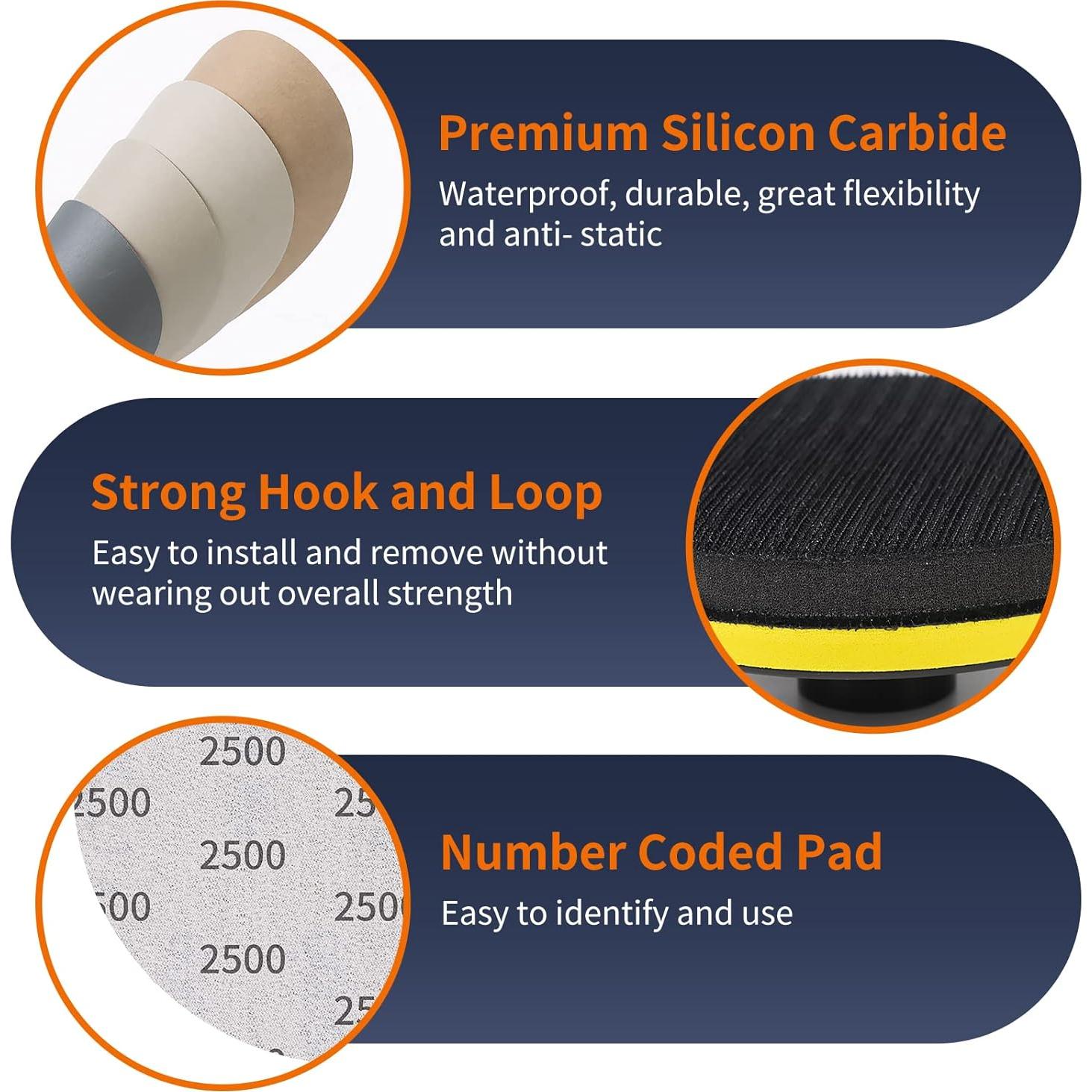 Kit de Lijado Húmedo Seco 45PCS Pomsare 5 Pulgadas 400-10000 Granos