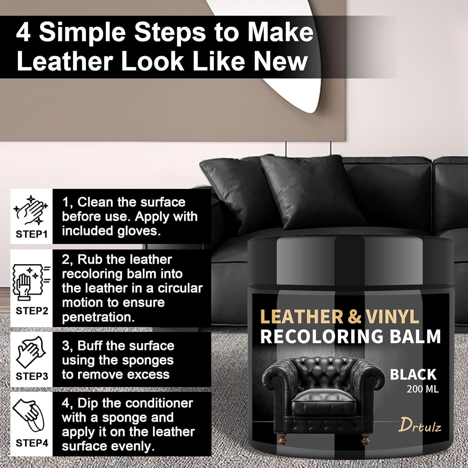 Bálsamo de Recoloración de Cuero Negro Drtulz 200ML - Kit Reparación