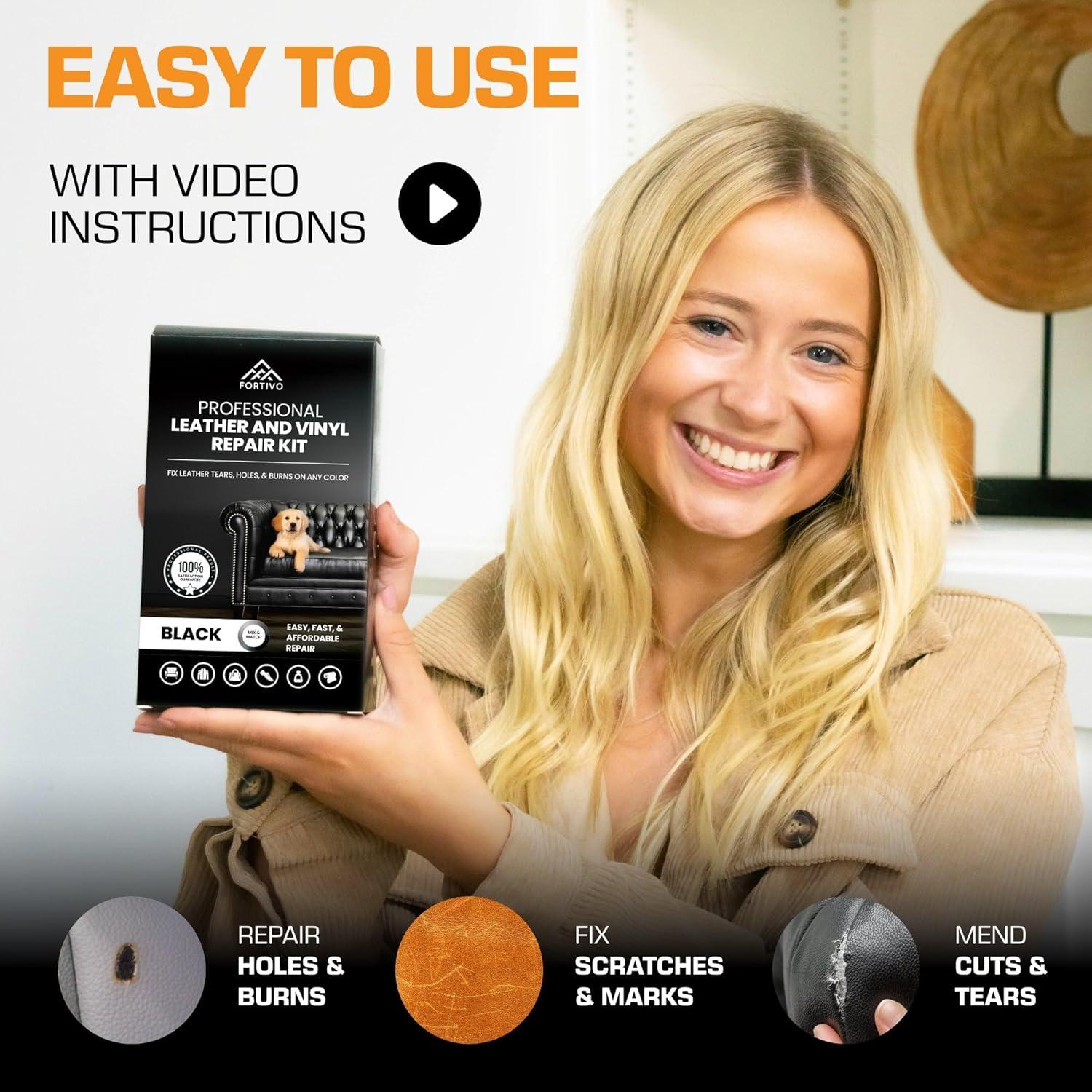 Kit de Reparación de Cuero Negro FORTIVO para Muebles y Autos