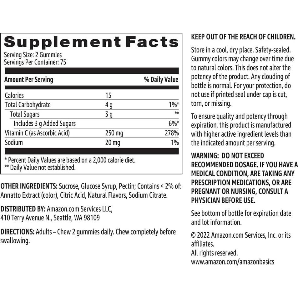 Gomitas de Vitamina C 250 mg Amazon Basics Naranja 150 Unidades