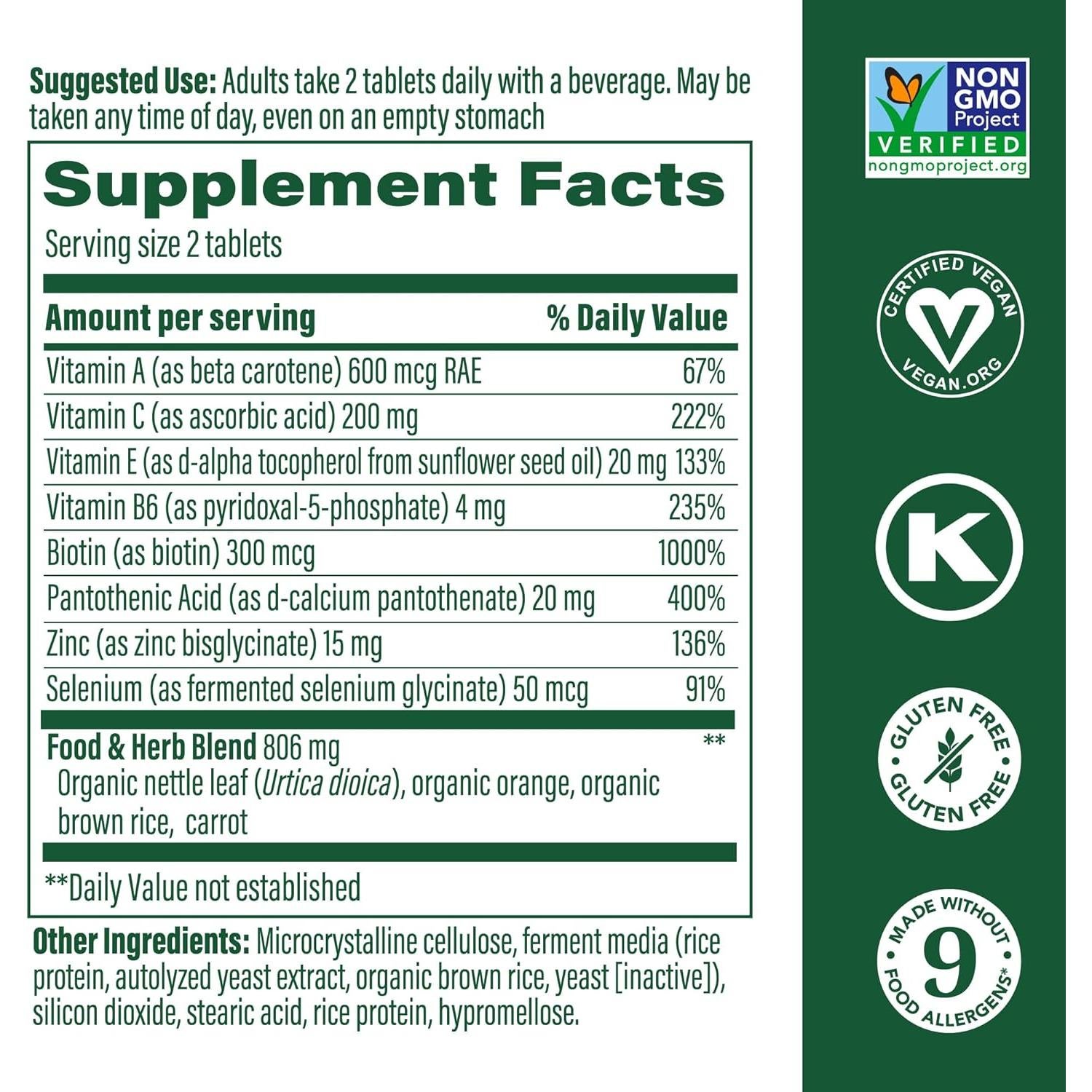 MegaFood Piel, Uñas y Cabello 90 Tabletas - Vegano - Biotina, Vitaminas