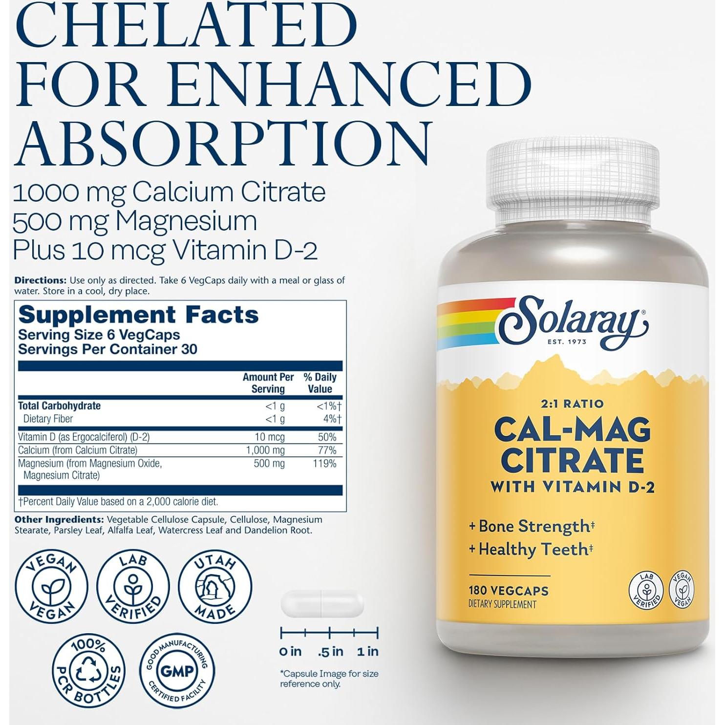 Solaray Citrato de Calcio y Magnesio 180 VegCaps - Suplemento Vegano