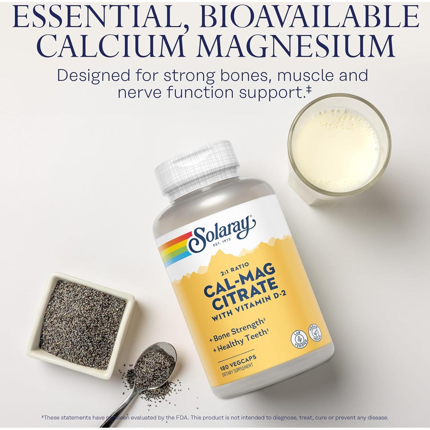 Solaray Citrato de Calcio y Magnesio 180 VegCaps - Suplemento Vegano