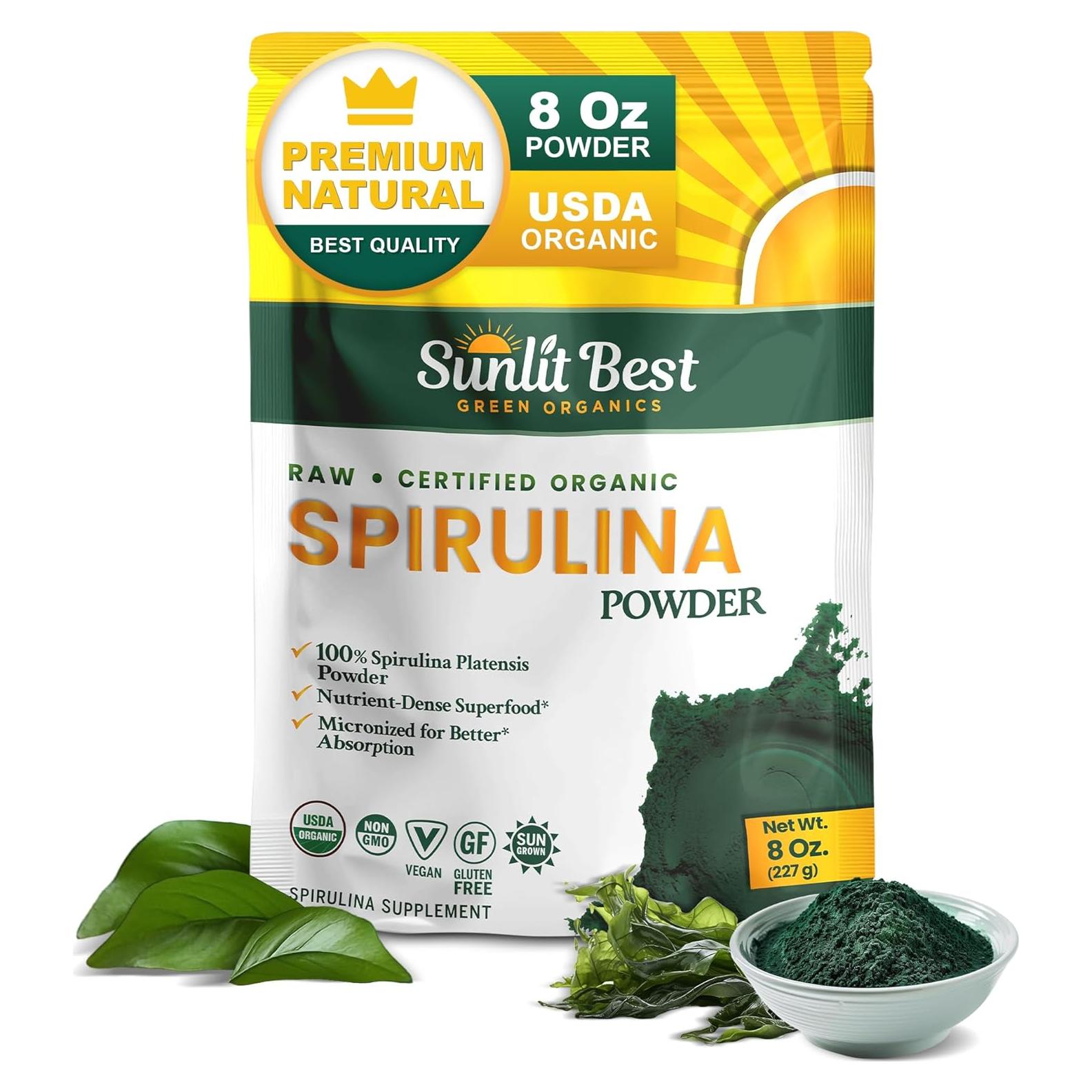 Polvo de Espirulina Orgánica Sunlit Best - 227 g, Vegano, Sin OGM