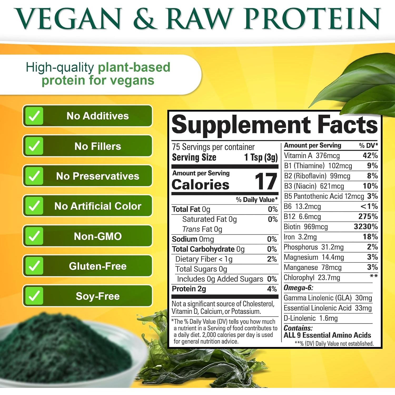 Polvo de Espirulina Orgánica Sunlit Best - 227 g, Vegano, Sin OGM