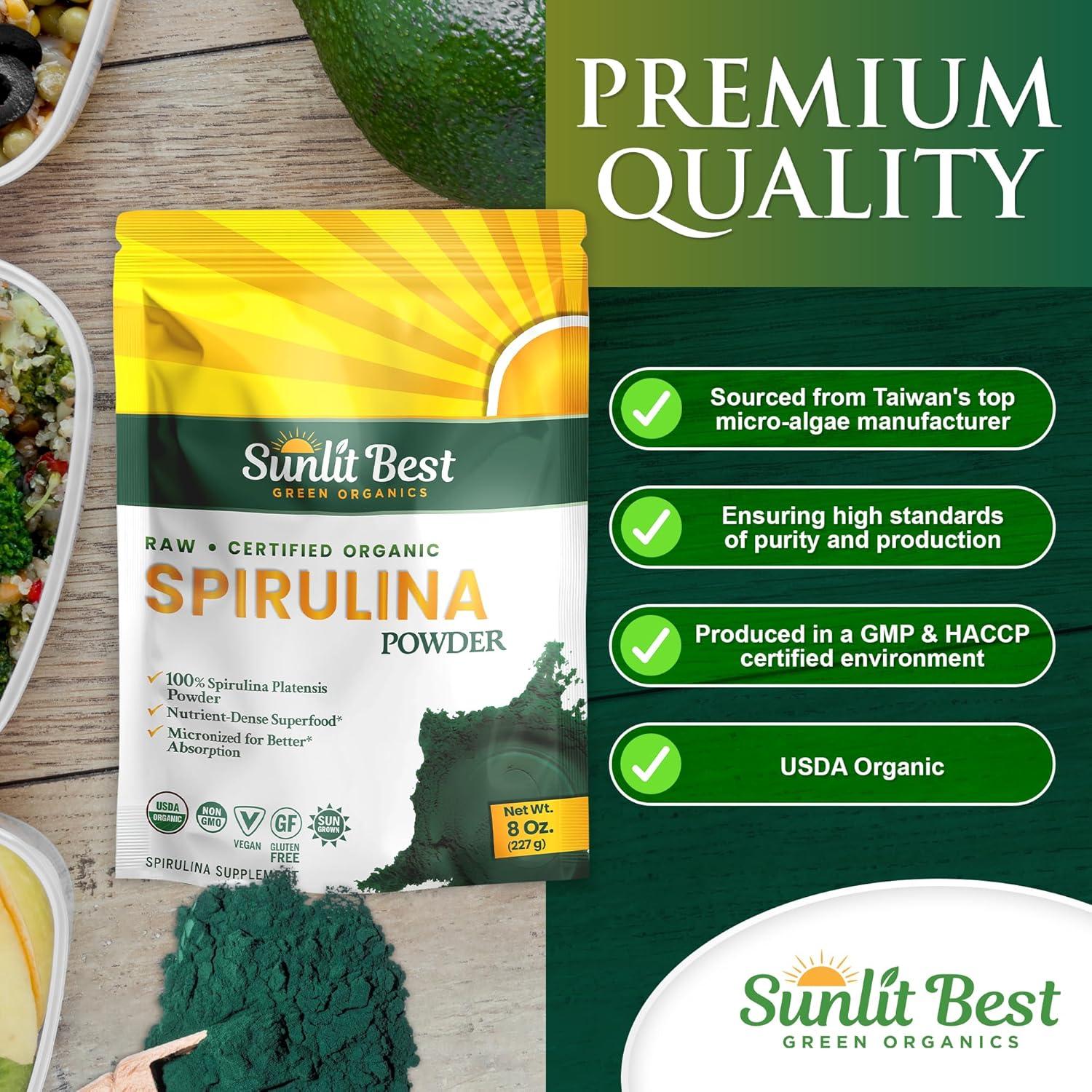 Polvo de Espirulina Orgánica Sunlit Best - 227 g, Vegano, Sin OGM