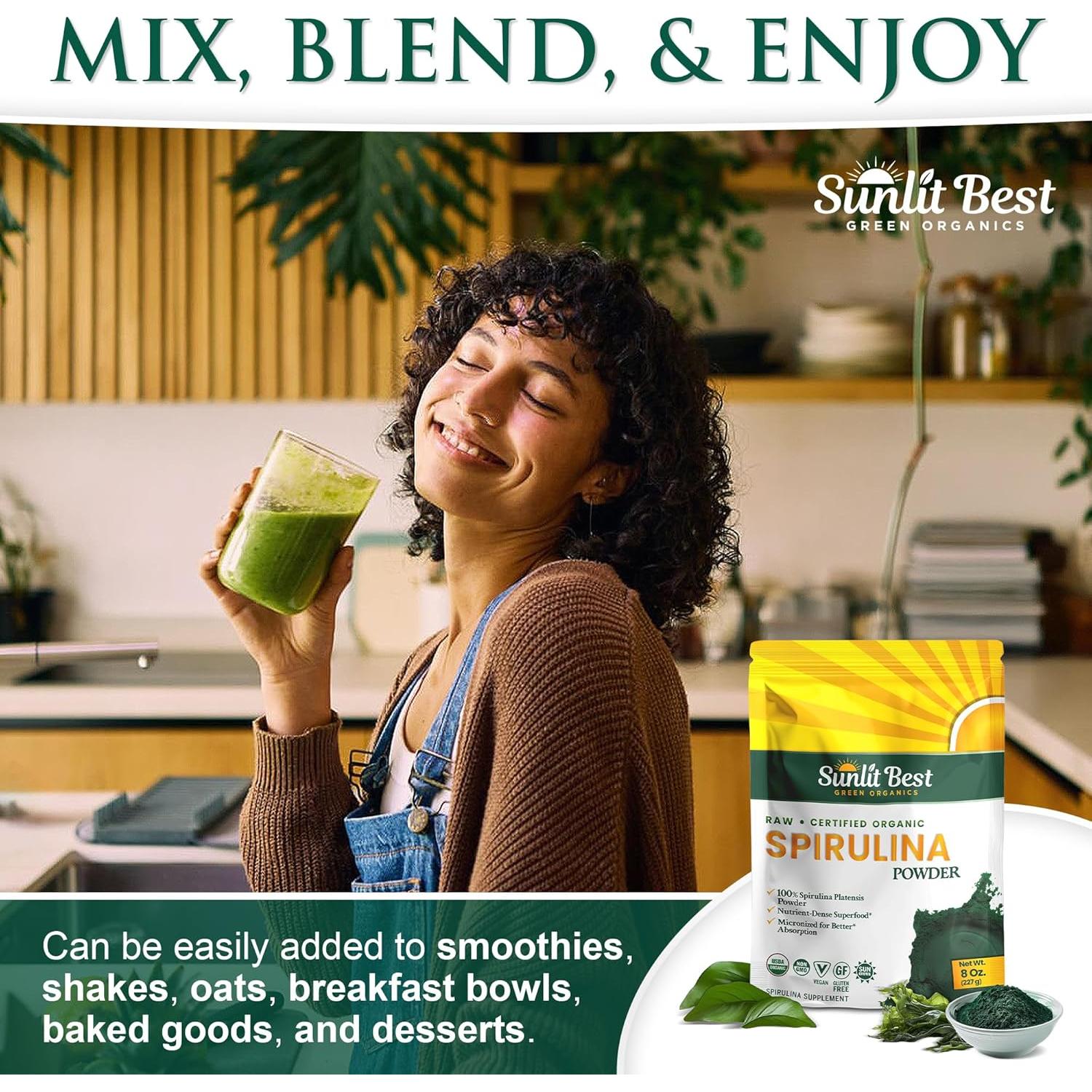 Polvo de Espirulina Orgánica Sunlit Best - 227 g, Vegano, Sin OGM