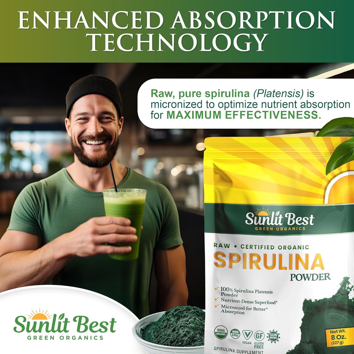 Polvo de Espirulina Orgánica Sunlit Best - 227 g, Vegano, Sin OGM
