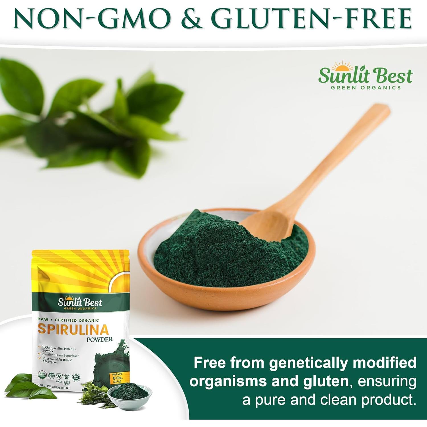 Polvo de Espirulina Orgánica Sunlit Best - 227 g, Vegano, Sin OGM