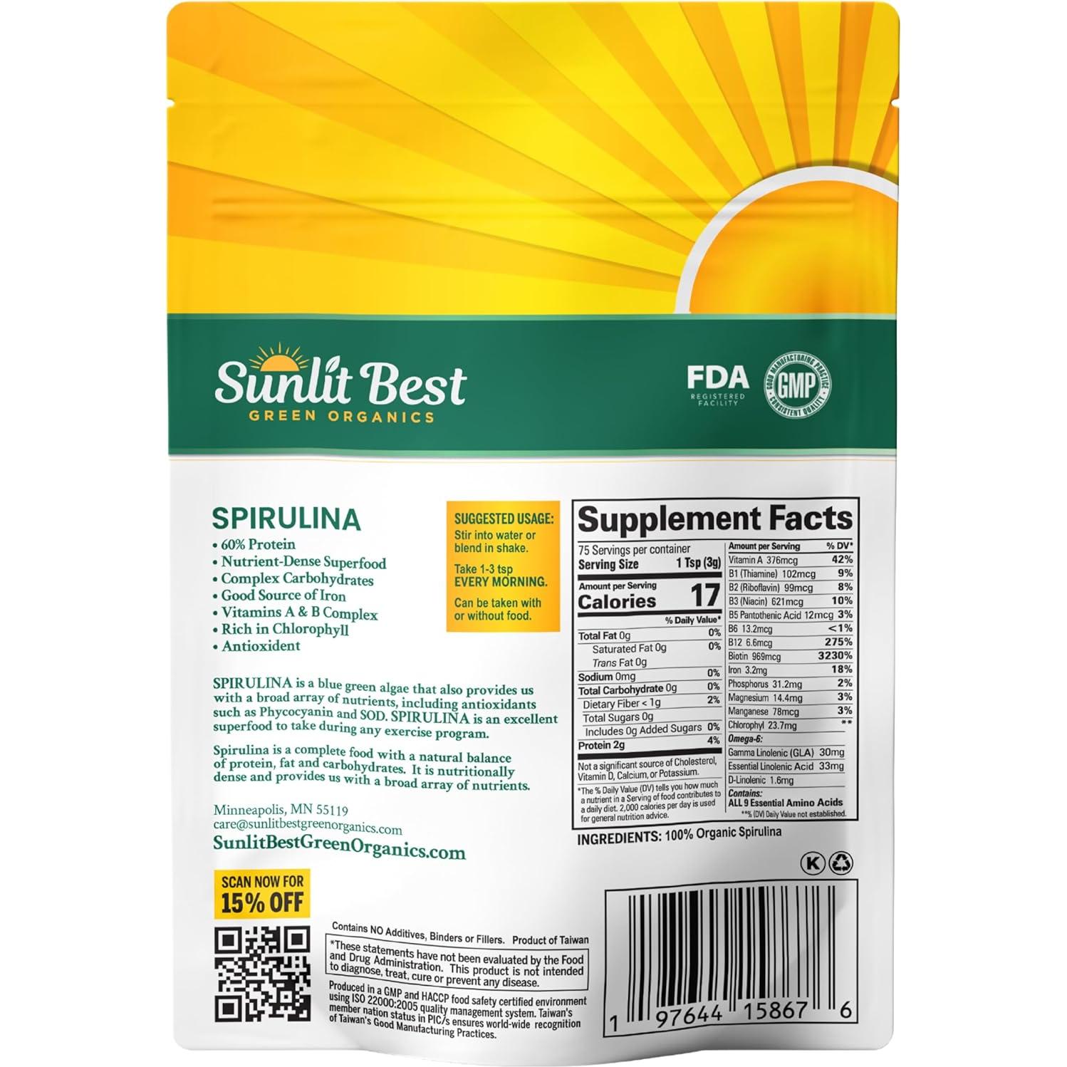 Polvo de Espirulina Orgánica Sunlit Best - 227 g, Vegano, Sin OGM