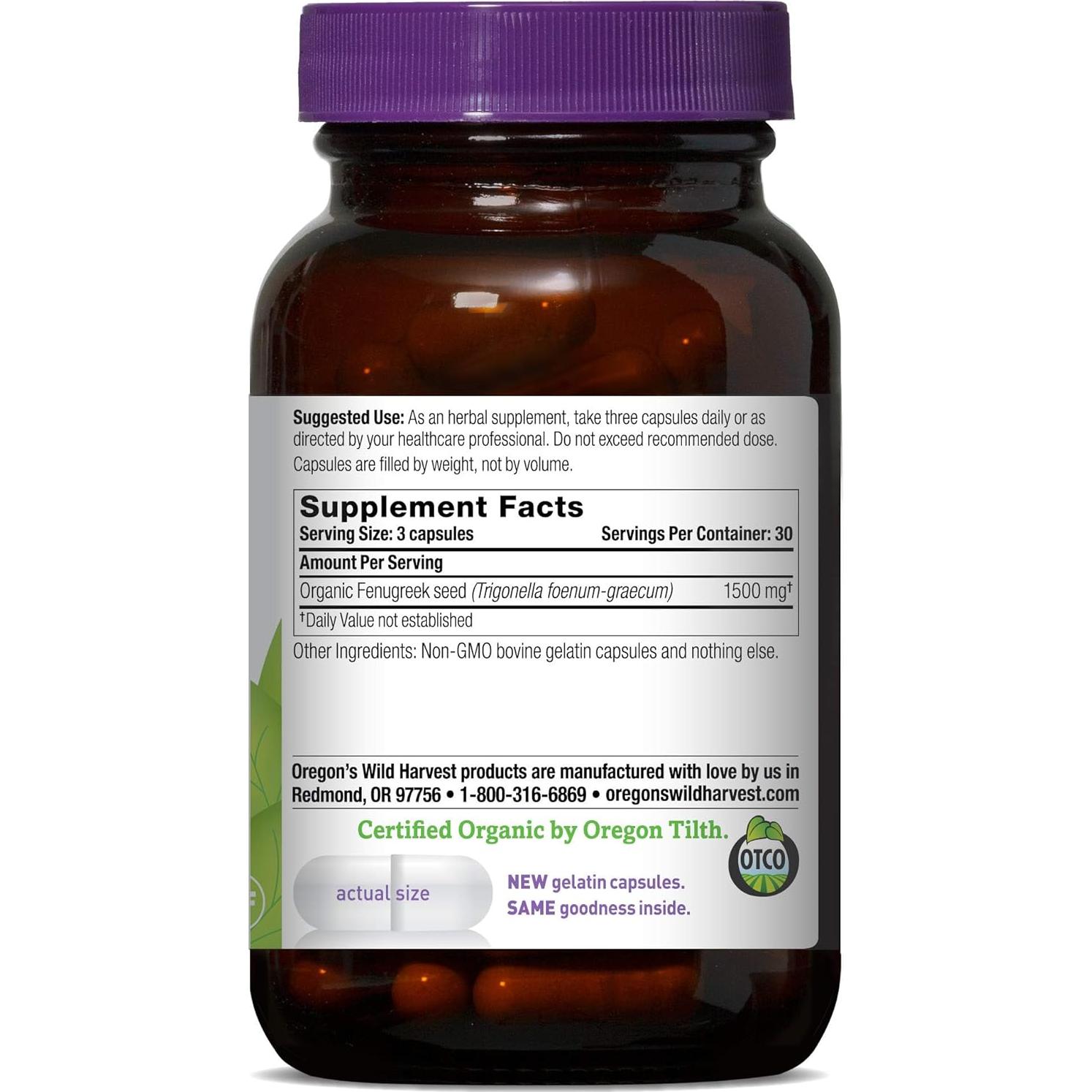 Suplemento Herbal Orgánico Fenogreco Oregon's Wild Harvest 90 Cápsulas