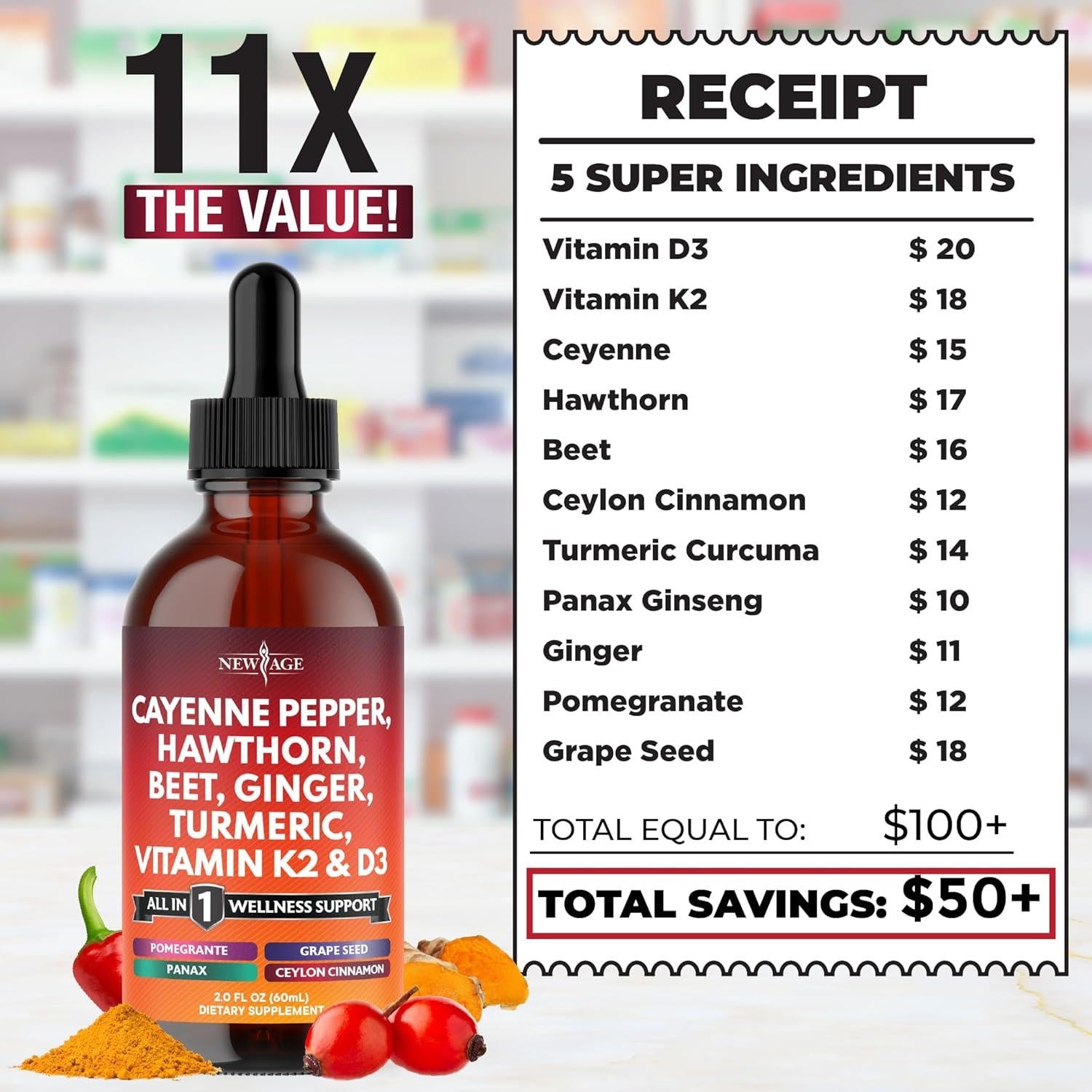 Suplemento Líquido New Age de Pimienta Cayena y Vitamina D3 K2 - 59ml