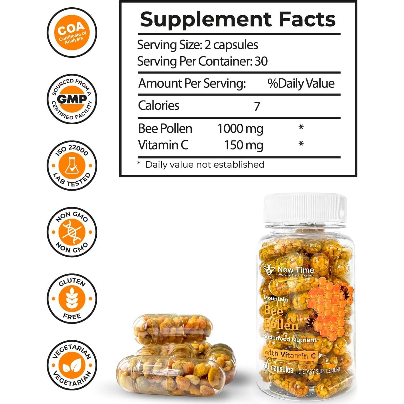 Cápsulas de Polen de Abeja Orgánico New Time 60 Unidades