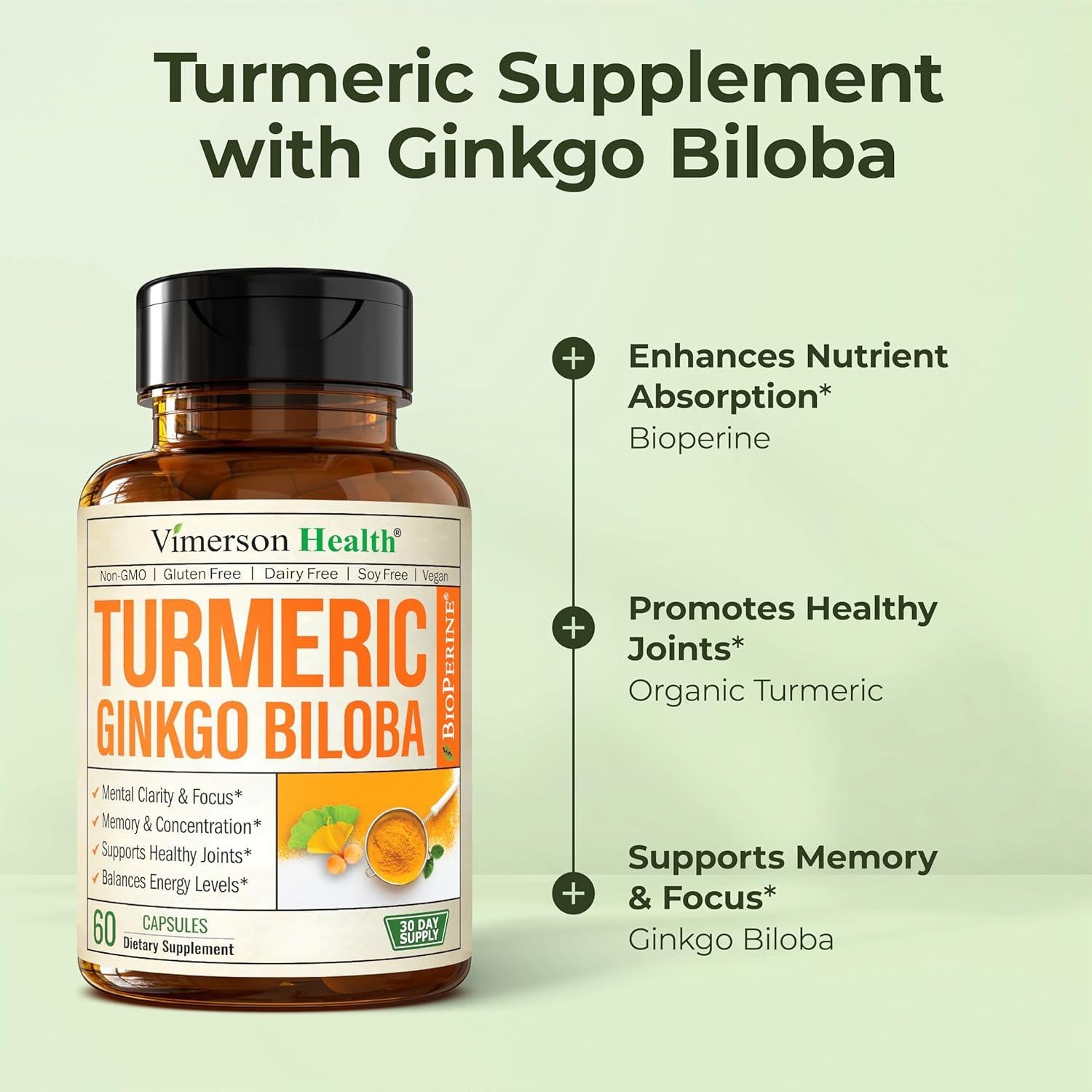 Suplemento Ginkgo Biloba y Cúrcuma Orgánica Vimerson 60 Cápsulas