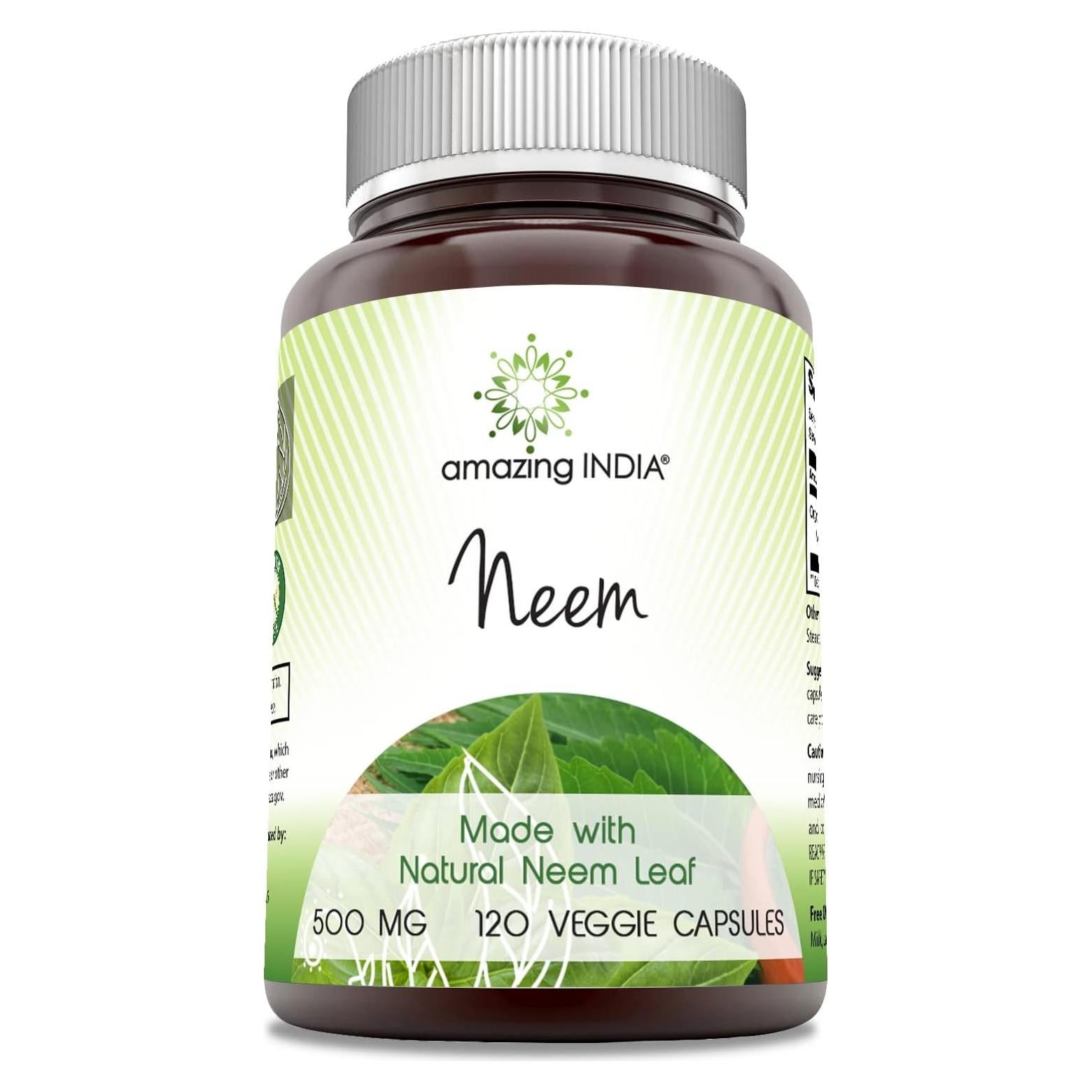 Suplemento de Neem India Asombrosa 500mg 120 Cápsulas Vegetales