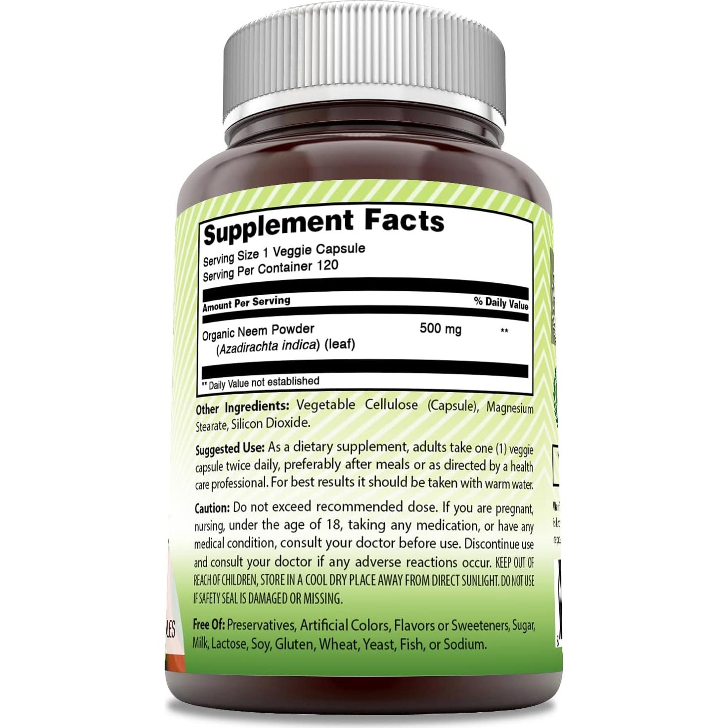 Suplemento de Neem India Asombrosa 500mg 120 Cápsulas Vegetales