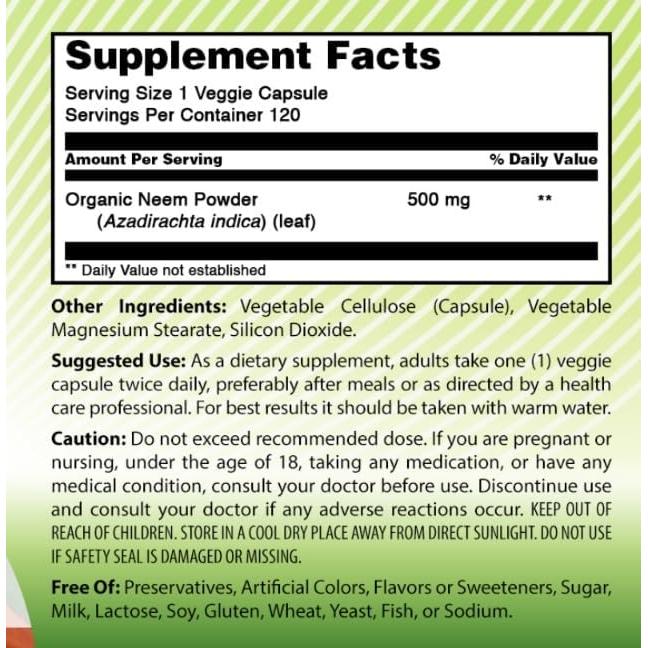 Suplemento de Neem India Asombrosa 500mg 120 Cápsulas Vegetales