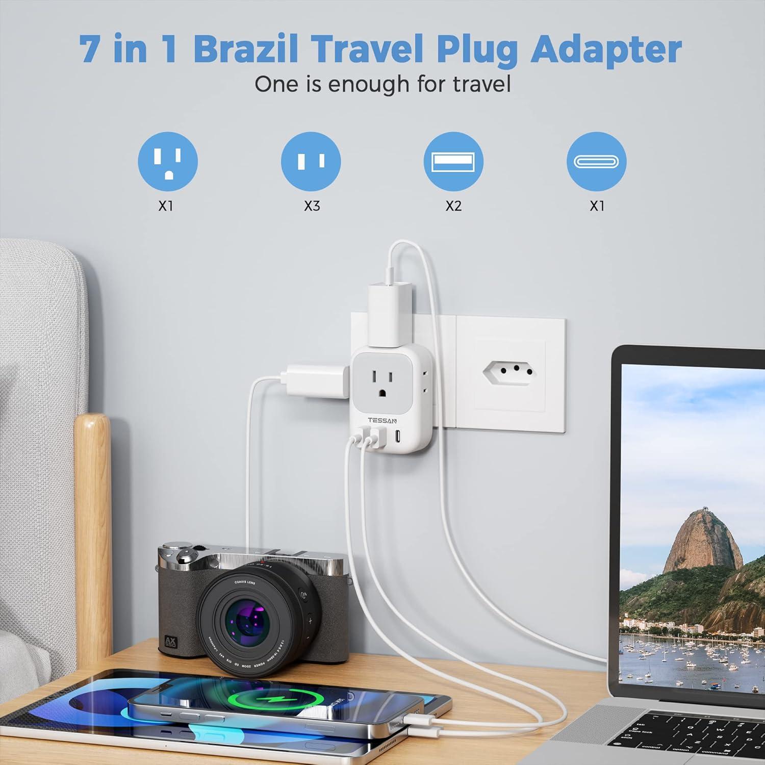 Adaptador de corriente TESSAN tipo N a Brasil 7 en 1 USB