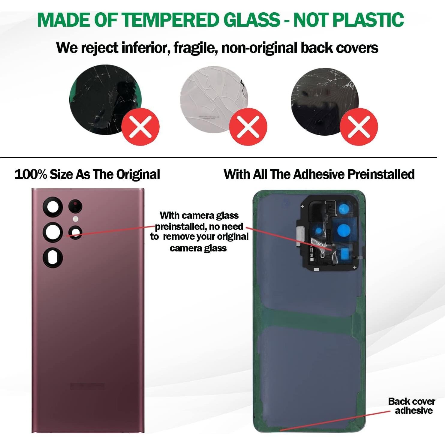 Cubierta de vidrio trasero ASDAWN para Galaxy S22 Ultra Burdeos