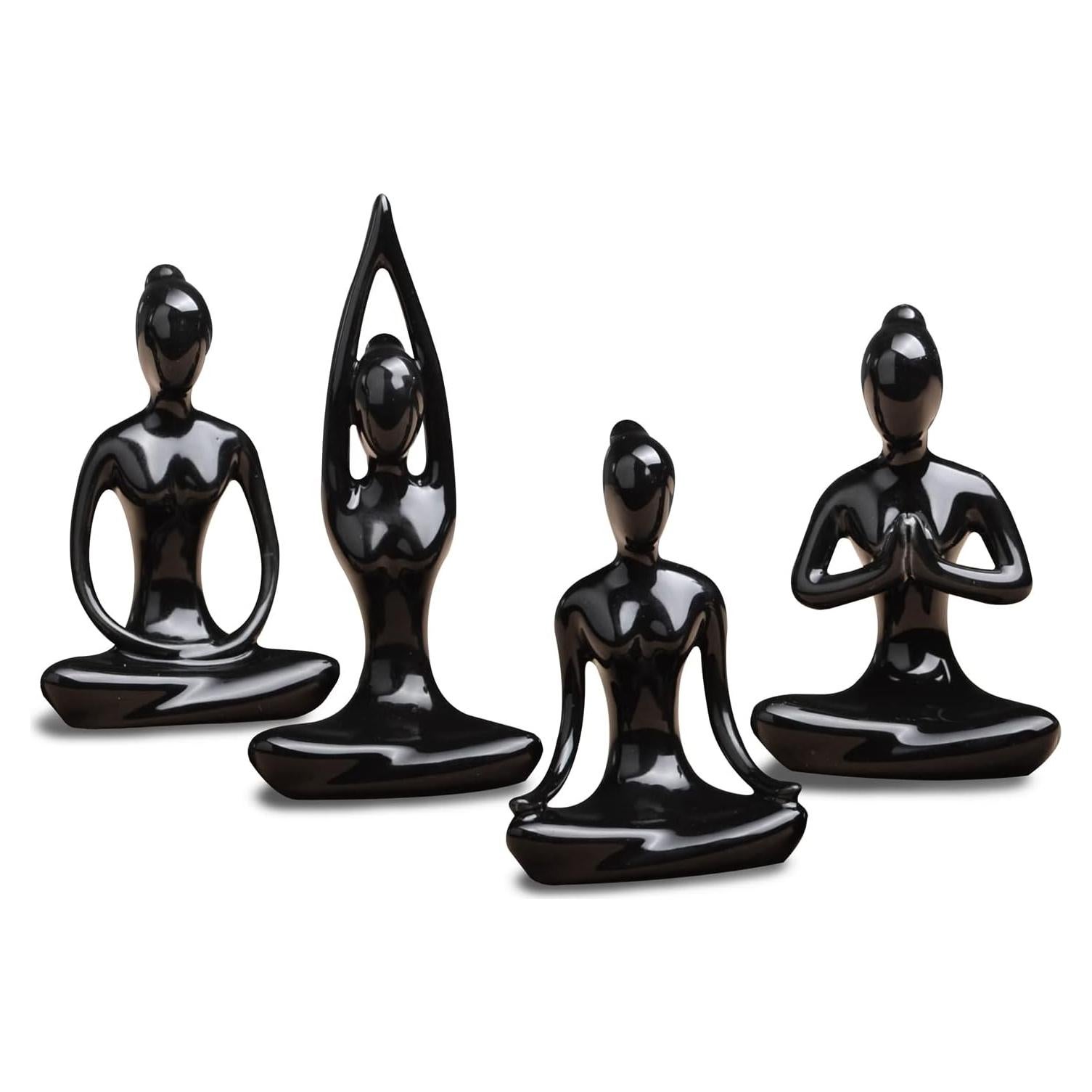 OwMell Lot of 4 Meditation Yoga Pose Statue Figurine Ceramic Yoga Figure Set Decor - Black