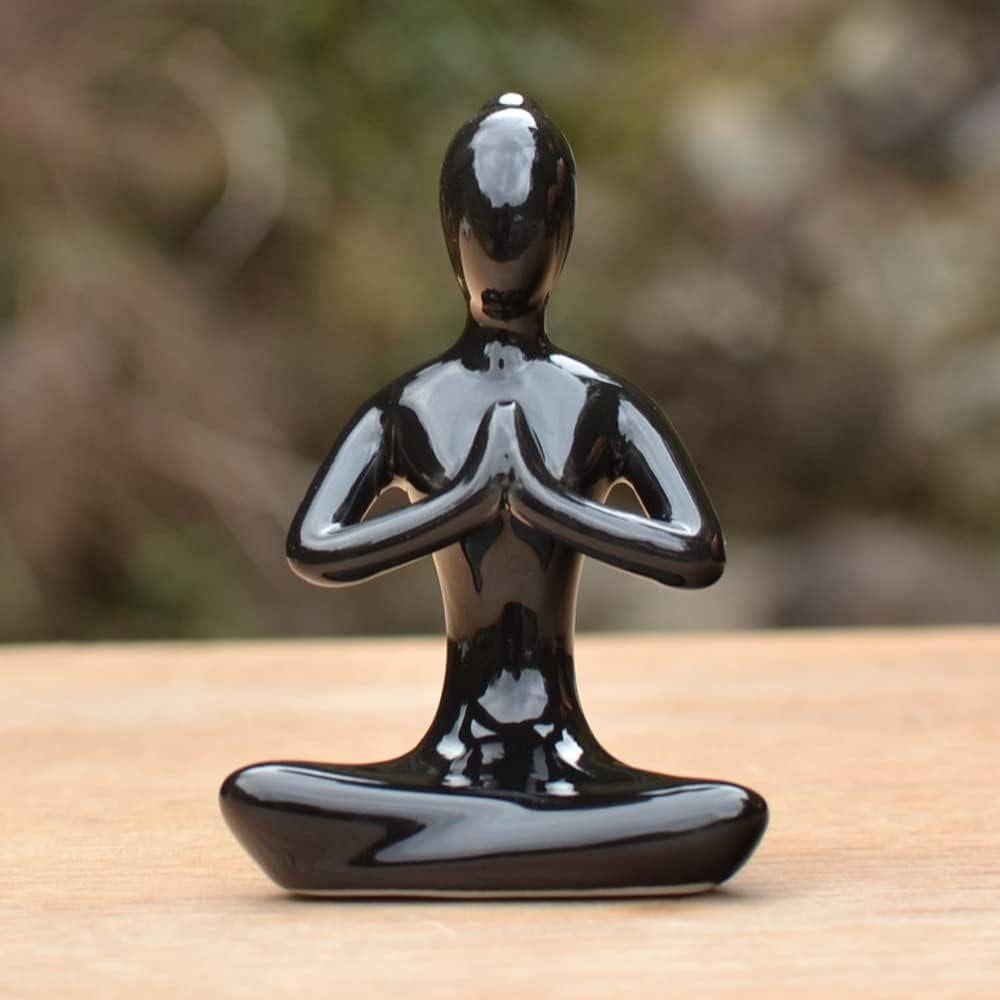 OwMell Lot of 4 Meditation Yoga Pose Statue Figurine Ceramic Yoga Figure Set Decor - Black